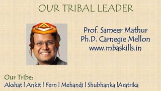 OUR TRIBAL LEADER
Prof. Sameer Mathur
Ph.D. Carnegie Mellon
www.mbaskills.in
Our Tribe:
Akshat | Ankit | Fern | Mehandi | Shubhanka |Aratrika
 