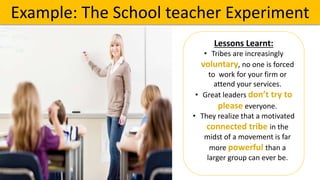 Example: The Schoolteacher Experiment
Lessons Learnt:
• Tribes are increasingly
voluntary, no one is forced
to work for your firm or
attend your services.
• Great leaders don’t try to
please everyone.
• They realize that a motivated
connected tribe in the
midst of a movement is far
more powerful than a
larger group can ever be.
 