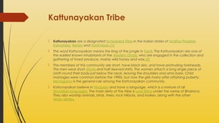 Kattunayakan Tribe


Kattunayakan are a designated Scheduled Tribe in the Indian states of Andhra Pradesh,
Karnataka, Kerala and Tamil Nadu.[1]



The word Kattunayakan means the king of the jungle in Tamil. The Kattunayakan are one of
the earliest known inhabitants of the Western Ghats, who are engaged in the collection and
gathering of forest produce, mainly wild honey and wax.[2]



The members of this community are short, have black skin, and have protruding foreheads.
The men wear short dhotis and half sleeved shirts. The women attach a long single piece of
cloth round their body just below the neck, leaving the shoulders and arms bare. Child
marriages were common before the 1990s, but now the girls marry after attaining puberty.
Monogamy is the general rule among the Kattunayakan community.



Kattunayakan believe in Hinduism and have a language, which is a mixture of all
Dravidian languages. The main deity of the tribe is Lord Shiva under the name of Bhairava.
They also worship animals, birds, trees, rock hillocks, and snakes, along with the other
Hindu deities.

 