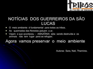 NOTÍCIAS  DOS GUERREIROS DA SÃO LUCAS O  meio ambiente  é fundamental  para todas as tribos. As  queimadas das florestas poluem  o ar. Vejam  o que aconteceu  -  AMAZÔNIA  esta  sendo destruída e  os  animais  não  tem  lugar  para se refugiar. Agora  vamos preservar  o  meio  ambiente Autoras  Sara, Nati, Thamires. 