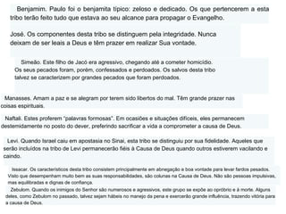 Naftali. Estes proferem “palavras formosas”. Em ocasiões e situações difíceis, eles permanecem destemidamente no posto do dever, preferindo sacrificar a vida a comprometer a causa de Deus. Manasses. Amam a paz e se alegram por terem sido libertos do mal. Têm grande prazer nas coisas espirituais. Simeão. Este filho de Jacó era agressivo, chegando até a cometer homicídio. Os seus pecados foram, porém, confessados e perdoados. Os salvos desta tribo talvez se caracterizem por grandes pecados que foram perdoados. Levi. Quando Israel caiu em apostasia no Sinai, esta tribo se distinguiu por sua fidelidade. Aqueles que serão incluídos na tribo de Levi permanecerão fiéis à Causa de Deus quando outros estiverem vacilando e caindo. Issacar. Os característicos desta tribo consistem principalmente em abnegação e boa vontade para levar fardos pesados. Visto que desempenham muito bem as suas responsabilidades, são colunas na Causa de Deus. Não são pessoas impulsivas, mas equilibradas e dignas de confiança. Zebulom. Quando os inimigos do Senhor são numerosos e agressivos, este grupo se expõe ao opróbrio e à morte. Alguns deles, como Zebulom no passado, talvez sejam hábeis no manejo da pena e exercerão grande influência, trazendo vitória para a causa de Deus. José. Os componentes desta tribo se distinguem pela integridade. Nunca deixam de ser leais a Deus e têm prazer em realizar Sua vontade. Benjamim. Paulo foi o benjamita típico: zeloso e dedicado. Os que pertencerem a esta tribo terão feito tudo que estava ao seu alcance para propagar o Evangelho. 