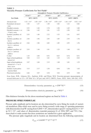 crc3904-Sec08-CH-058.qxd   8/13/2007    9:38 AM    Page 619




               Fundamentals of Elastohydrodynamic Lubrication                                                 619




               Film thickness formulae for the above-mentioned regimes are listed in Table 4.

               PRESSURE SPIKE FORMULAE
               Pressure spike amplitude and its locations are also determined by curve fitting the results of numeri-
               cal simulations. Data which were used in curve fitting covered a wide range of operating parameters
               with dimensionless load W varying from 0.2045 × 10-4, dimensionless speed U varying from 0.1 × 10-11
               tp 5.0 × 10-11, and values of dimensionless materials parameter G of 2504, 5007, and 7511. One
               must check to make certain that these restrictions are satisfied for a given application.
                    The pressure spike magnitude and its location are determined from the following expressions,7




            Copyright © 1997 CRC Press, LLC.
 