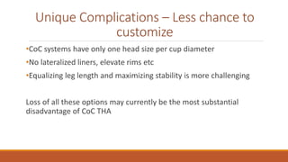 Unique Complications – Less chance to
customize
•CoC systems have only one head size per cup diameter
•No lateralized liners, elevate rims etc
•Equalizing leg length and maximizing stability is more challenging
Loss of all these options may currently be the most substantial
disadvantage of CoC THA
 