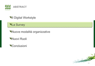ABSTRACT



Il Digital Workstyle

La Survey

Nuove modalità organizzative

Nuovi Ruoli

Conclusioni




                                11
 