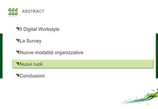 ABSTRACT



Il Digital Workstyle

La Survey

Nuove modalità organizzative

Nuovi ruoli

Conclusioni




                                37
 