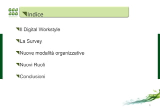 Indice

Il Digital Workstyle

La Survey

Nuove modalità organizzative

Nuovi Ruoli

Conclusioni




                                6
 