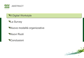 ABSTRACT



Il Digital Workstyle

La Survey

Nuove modalità organizzative

Nuovi Ruoli

Conclusioni




                                9
 