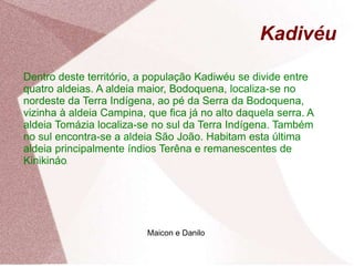 Kadivéu
Dentro deste território, a população Kadiwéu se divide entre
quatro aldeias. A aldeia maior, Bodoquena, localiza-se no
nordeste da Terra Indígena, ao pé da Serra da Bodoquena,
vizinha à aldeia Campina, que fica já no alto daquela serra. A
aldeia Tomázia localiza-se no sul da Terra Indígena. Também
no sul encontra-se a aldeia São João. Habitam esta última
aldeia principalmente índios Terêna e remanescentes de
Kinikináo.
Maicon e Danilo
 
