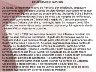 HISTÓRIA DOS GUATÓS
Os Guató, considerados o povo do Pantanal por excelência, ocupavam
praticamente toda a região sudoeste do Mato Grosso, abarcando terras que
hoje pertencem àquele estado, ao estado de Mato Grosso do Sul e à Bolívia.
Podiam ser encontrados nas ilhas e ao longo das margens do rio Paraguai,
desde as proximidades de Cáceres até a região do Caracará, passando
pelas lagoas Gaíba e Uberaba e, na direção leste, às margens do rio São
Lourenço. No interior deste vasto território sua presença foi registrada desde
o século XVI por viajantes e cronistas.
Foi entre 1940 e 1950 que se iniciou de modo mais intenso a expulsão dos
Guató de seus territórios tradicionais. O gado dos fazendeiros invadia as
roças dos índios e os comerciantes de peles dificultavam a permanência dos
Guató na ilha Ínsua e arredores. Acuados, migraram para outros pontos do
Pantanal ou se dirigiram para as periferias de cidades, como Corumbá,
Ladário, Aquidauana, Poconé e Cáceres etc. Foram poucas as famílias que
permaneceram na ilha Ínsua. A partir da década de 50, os Guató foram
considerados extintos pelo órgão indigenista oficial e assim, foram excluídos
de quaisquer políticas de assistência. Foi somente em 1976 que
missionários identificaram índios Guató vivendo na periferia de Corumbá.
Aos poucos o grupo começou a se reorganizar e a lutar pelo seu
reconhecimento étnico. Hoje, são os últimos canoeiros de todos os povos
indígenas que ocuparam as terras baixas do Pantanal.
 