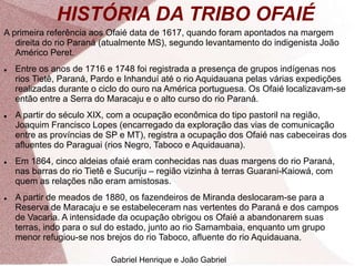 HISTÓRIA DA TRIBO OFAIÉ
A primeira referência aos Ofaié data de 1617, quando foram apontados na margem
direita do rio Paraná (atualmente MS), segundo levantamento do indigenista João
Américo Peret.
 Entre os anos de 1716 e 1748 foi registrada a presença de grupos indígenas nos
rios Tietê, Paraná, Pardo e Inhanduí até o rio Aquidauana pelas várias expedições
realizadas durante o ciclo do ouro na América portuguesa. Os Ofaié localizavam-se
então entre a Serra do Maracaju e o alto curso do rio Paraná.
 A partir do século XIX, com a ocupação econômica do tipo pastoril na região,
Joaquim Francisco Lopes (encarregado da exploração das vias de comunicação
entre as províncias de SP e MT), registra a ocupação dos Ofaié nas cabeceiras dos
afluentes do Paraguai (rios Negro, Taboco e Aquidauana).
 Em 1864, cinco aldeias ofaié eram conhecidas nas duas margens do rio Paraná,
nas barras do rio Tietê e Sucuriju – região vizinha à terras Guarani-Kaiowá, com
quem as relações não eram amistosas.
 A partir de meados de 1880, os fazendeiros de Miranda deslocaram-se para a
Reserva de Maracaju e se estabeleceram nas vertentes do Paraná e dos campos
de Vacaria. A intensidade da ocupação obrigou os Ofaié a abandonarem suas
terras, indo para o sul do estado, junto ao rio Samambaia, enquanto um grupo
menor refugiou-se nos brejos do rio Taboco, afluente do rio Aquidauana.
Gabriel Henrique e João Gabriel
 