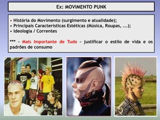 Ex: MOVIMENTO PUNK

• História do Movimento (surgimento e atualidade);
• Principais Características Estéticas (Música, Roupas, ...);
• Ideologia / Correntes

*** - Mais Importante de Tudo – justificar o estilo de vida e os
padrões de consumo
 