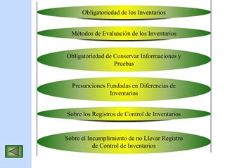Obligatoriedad de los Inventarios
Métodos de Evaluación de los Inventarios
Obligatoriedad de Conservar Informaciones y
Pruebas
Presunciones Fundadas en Diferencias de
Inventarios
Sobre los Registros de Control de Inventarios
Sobre el Incumplimiento de no Llevar Registro
de Control de Inventarios
 