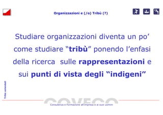 Organizzazioni e (/o) Tribù (?)




                  Studiare organizzazioni diventa un po’
                  come studiare “tribù” ponendo l’enfasi
                  della ricerca sulle rappresentazioni e
                   sui punti di vista degli “indigeni”
Tribù aziendali




                            Consulenza e Formazione all’impresa e ai suoi uomini
 