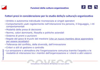 Funzioni della cultura organizzativa



                  Fa#ori	
  presi	
  in	
  considerazione	
  per	
  lo	
  studio	
  della/e	
  cultura/e	
  organizza4va
                  • Ambito e autonomia individuale riconosciuta ai singoli operatori
                  • Comportamenti usati regolarmente nell’interazione tra persone, il linguaggio, i riti
                    comportamentali
                  • Modalità della presa di decisione
                  • Norme, valori dominanti, filosofia e politiche aziendali
                  • Sistema di premi e punizioni
                  • Regole del gioco & trucchi del mestiere (che un nuovo membro deve apprendere
                    per essere accettato)
                  • Tolleranza del conflitto, della diversità, dell’innovazione
                  • Criteri e stili di gestione e controllo
                  • La sensazione o atmosfera che l’organizzazione comunica tramite l’aspetto e le
Tribù aziendali




                    modalità di interazione tra i membri dell’organizzazione e i clienti o altri esterni



                                               Consulenza e Formazione all’impresa e ai suoi uomini
 