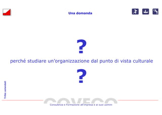 Una domanda




                                                        ?
                  perché studiare un’organizzazione dal punto di vista culturale



                                                        ?
Tribù aziendali




                                   Consulenza e Formazione all’impresa e ai suoi uomini
 