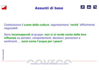 Assunti di base



                  Costituiscono il cuore della cultura: rappresentano “verità” difficilmente
                  negoziabili.

                  Sono inconsapevoli al gruppo: non ci si rende conto della loro
                  influenza su pensieri, comportamenti, decisioni, percezioni e
                  sentimenti … sono come l’acqua per i pesci!
Tribù aziendali




                                       Consulenza e Formazione all’impresa e ai suoi uomini
 