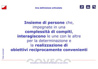 Una definizione articolata




                         Insieme di persone che,
                               impegnate in una
                         complessità di compiti,
                                           compiti
                     interagiscono le une con le altre
                          per la determinazione e
                             la realizzazione di
                  obiettivi reciprocamente convenienti
Tribù aziendali




                           Consulenza e Formazione all’impresa e ai suoi uomini
 
