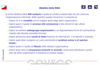 Obiettivi della NWA


                  Il primo obiettivo della NW analysis è quello di rendere visibile tutto ciò che concerne
                  l’organizzazione informale. Nello specifico questo strumento ci consente di:
                   – Capire chi è in contatto con la maggior parte degli attori organizzativi;
                   – Capire qual è il grado di accesso alle conoscenze e alle attività di ogni attore
                     organizzativo;
                   – Capire se esistono sottogruppi organizzativi e se rappresentano forme di controcultura
                     rispetto alla filosofia aziendale formale;
                   – Capire attraverso quali canali di fatto fluiscono le informazioni e le attività in azienda;
                   – Capire quali attori svolgono un ruolo preminente di problem solver e di opinion
                     leader;
                   – Capire quale è il grado di fiducia nelle relazioni organizzative;
                   – Capire quali sono le conoscenze presenti in azienda, come sono distribuite e quanti
Tribù aziendali




                     sono gli attori organizzativi in possesso di questa mappa.




                                             Consulenza e Formazione all’impresa e ai suoi uomini
 