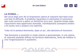 Un case history




                  LA STORIA …
                  Nel corso degli anni 40 un’importante catena di ristoranti fast-food visse
                  una fase di difficoltà. Il problema riguardava in particolare le cameriere:
                  tale ruolo comincio a patire un fortissimo turn-over. Qualche tempo dopo
                  l’assunzione esse apparivano stressate, manifestavano scompensi emotivi
                  e fin anche vere e proprie crisi isteriche.

                  Tutto ciò le portava facilmente, dopo un po’, alla decisione di licenziarsi.

                  Tale fenomeno si presento in modo intenso e generalizzato, in una catena
                  di ristoranti piuttosto diffusa nel territorio statunitense, tanto da mettere in
                  crisi l’organizzazione in questione.
Tribù aziendali




                                        Consulenza e Formazione all’impresa e ai suoi uomini
 