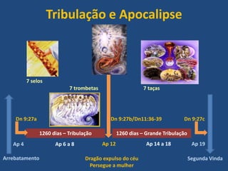 Tribulação e Apocalipse

7 selos

7 trombetas

Dn 9:27a

7 taças

Dn 9:27b/Dn11:36-39
1260 dias – Tribulação

Ap 4
Arrebatamento

Ap 6 a 8

Dn 9:27c

1260 dias – Grande Tribulação
Ap 12

Dragão expulso do céu
Persegue a mulher

Ap 14 a 18

Ap 19

Segunda Vinda

 