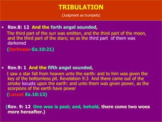 TRIBULATION (Judgment as trumpets- Joel 2: 14) Rev.8: 12   And the   forth angel sounded ,  The third part of the sun was smitten, and the third part of the moon,  and the third part of the stars; so as the   third part  of them was  darkened ( Darkness -Ex.10:21) Rev.9: 1   And the  fifth angel sounded ,  I saw a star fall from heaven unto the earth: and to him was   given the  key of the bottomless pit. Revelation 9:3  And there came out of the  smoke  locusts  upon the earth: and unto them was given power, as the scorpions of the earth have power ( Locust  Ex.10:13) ( Rev. 9: 12   One woe is past; and, behold,  there come two woes more hereafter.) 