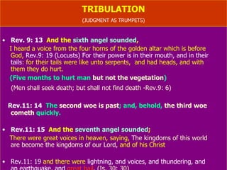 TRIBULATION (JUDGMENT AS TRUMPETS- Joel 2: 14) Rev. 9: 13   And the  sixth angel sounded ,  I heard a voice from the four horns of the golden altar which is before  God,  Rev.9: 19   (Locusts) For their power is in their mouth, and in their  tails : for their tails were like unto serpents,  and had heads, and with  them they do hurt. (Joel 3: 4) (Five months to hurt man  but not the vegetation ) (Men shall seek death; but shall not find death -Rev.9: 6) Rev.11: 14   The  second woe is past ; and, behold,  the third woe cometh  quickly. Rev.11: 15   And the  seventh angel sounded ;  There were great voices in heaven, saying,  The kingdoms of this world  are become the kingdoms of our Lord,  and of his Christ Rev.11: 19  and there were  lightning, and voices, and thundering, and  an earthquake, and  great hail .  (Is. 30: 30) 