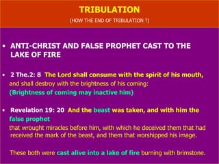 TRIBULATION HOW WILL BE THE END OF TRIBULATION Coming of the Lord Jesus Christ  ( Revelation ) (At Revelation all will see him-  Rev. 1: 7; Is.52: 8 ) JEWS AS A NATION WILL LOOK UNTO HIM Zec.12: 10   And I will pour upon the house of David, and upon the inhabitants  of Jerusalem, the spirit of grace and of supplications: and  they shall look upon   me whom they have pierced , and they shall mourn for him, as one mourneth for  his only son, and shall be in bitterness for him, as one that is in bitterness for his firstborn. ( The plagues, the famine, the war, and the cruel rule of Anti-christ will make them  to turn to God. God will send them upon  “spirit of  grace and supplication”   Then  the Lord will come down, and they will look un to him  “the one they pierced”  They will mourn like the ..)   “ Mourning of Hadad –rimmon”  ( 2.King.23:29;2.Chr.35:24-25 ) 