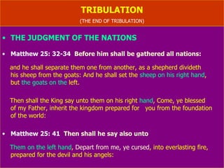 TRIBULATION (END OF TRIBULATION) . SATAN BOUND FOR 1000 YEARS Rev. 20: 2-3   And he laid hold on the dragon, that old serpent,  w hich is the Devil, and Satan, and bound him a thousand years, And cast him  into the bottomless pit, and shut him up, and set a seal upon him, that he should deceive the nations no more, till the thousand years should be fulfilled: and after that he must be loosed a little season . REGATHERING OF ISRAEL Matt 24: 31   And he shall send his angels  with a great sound of a trumpet, and they shall gather together his elect from the four winds, from one end of heaven to the other. Ezekiel 39: 28-29   Then shall they know that  I am the LORD their God, which caused them to be led into captivity among the heathen: but I have gathered …for I have poured out my spirit upon the house of Israel, saith the Lord GOD. ( Re-gathering :  Is.27:13;  Is.49:22;  Ez.20:34;  Ez.36:24;  Zec.8:7;  Zec.10,10) 
