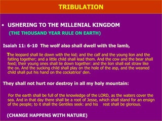 TRIBULATION (What follows the tribulation ?) GEOGRAPHICAL CHANGES PROPHESIED Zec.14: 4   And his feet shall stand in that day  Upon the mount of Olives, which is before Jerusalem on the east, and the mount  of Olives shall cleave in the midst thereof toward the east and toward the west,  and there shall be a very great valley; and half of the mountain shall remove to-ward the north, and half of it toward  the south. Zechariah 14: 8   And it shall be in that day,  That living waters shall go out from Jerusalem;  half of them toward the former  sea, and half of them toward the hinder sea: in summer and in winter shall it be. (It is read, Israel have a plan to bring the water of Mediterranean sea to  the dead sea; but due to the earth quake or changes water will began to flow to the dead  sea and then it will be with fishes) 