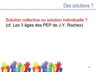 Des solutions ?
Solution collective ou solution individuelle ?
(cf. Les 3 âges des PEP de J.Y. Rochex)
11
 