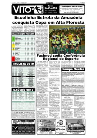 CACOAL, 02 DE ABRIL DE 2010                                                                                                                                                                                                                               PÁGINA 16


                                                                                                                                      Fone:                                       Camisetas escolares:
                                                                                                                      3443-4070                                                  José de Almeida, Cora Coralina, Aurélio Buarque, Clodoaldo,
                                                                                                                                                                                       Josino Brito, Maria Aurora, Bernardo Guimarães.
                                                                                                                       Rua General Osório,                                       Apresentando este anúncio, qualquer camiseta você
                                                                                                                                                                                         paga apenas R$ 10,00 (dez reais).
                                                                                                                      1027 - Centro - Cacoal


   Escolinha Estrela da Amazônia
  conquista Copa em Alta Floresta
    A equipe da Escolinha Estrela            Amazônia, Atlético JR. 1 x 6 E. da          Supera Brasil-PV), Secretaria
da Amazônia, de Cacoal, foi a                Amazônia e a final com o time               Municipal de Educação, e Jorge,
Alta Floresta, onde participou da            Sarnei RM 1 x 11 E. da Amazônia,            encarregado dos transportes
1ª Copa Atlética Jr. de Futsal. O            onde alcançou o titulo de                   escolares.
time jogou com Santa Luzia 1 x 1             campeão.                                        Junto com o campeonato sub
E. da Amazônia, Ministro                        Após a final, a equipe                   17 masculino houve também a
Andreazza 2 x 3 E. Amazônia,                 agradeceu aos colaboradores                 competição feminina de futsal. O
Pinheiro A. Floresta 1 x 7 E.                Valdecir Machado (Projeto                   time de Cacoal, comandado por
                                                                                         Lessi e Jonas Tato, era favorito
                                                                                         da competição, mas ficou sem
  CLASSIFICAÇÃO PAULISTA                                                                 uma das suas melhores
                                                                                         jogadoras, o que levou o time a
                                                                                         se perder em quadra, perdendo a
                                                                                         semifinal para Alta Floresta e
                                                                                         terminando em quarto lugar. O
                                                                                         Atlético JR (AF) foi o campeão.
                                                                                             Atletas e diretores ficaram
                                                                                         sensibilizados com a contusão
                                                                                         sofrida pela atleta Renata.
                                                                                         Gilcemar e Severino prestaram
                                                                                         homenagem à Tribuna Popular
                                                                                         pelos 30 anos do jornal,
                                                                                         colocando o nome do jornal no
                                                                                         uniforme do time.
                                                                                             O time foi à Alta Floresta com
                                                                                         os coordenadores, Gilcemar
                                                                                         Gomes de Freitas e Severino de
                                                                                         Souza; os goleiros Wesley
                                                                                         (Cocão) e Paulinho; fixos Franck
                                                                                         e Gustavo; artilheiros Guilherme
                                                                                         (8 gols) e Pitico (7 gols); ala
                                                                                         Marlon, Alex, Wanderson (Zóio);
                                                                                         Felipe (Bubu); Célio e Jackson
                                                                                         (Batata); pivô Weverton (Pitico)
                                                                                         e Guilherme. O destaque da



                                                                                         Facimed sedia Conferência
                                                                                         competição foi Wesley (Cocão).




                                                                                            Regional de Esporte
                                                                                            Por Eliana Batista - A                    Entre os objetivos do evento                  curso de educação física da                      serão levadas para discussão na
                                                                                         Facimed sediou no período de 30              discutiu-se as 10 linhas                      Facimed, Weliton Nunes, os                       Etapa Estadual que acontecerá no

   PAULISTA 2010
                                                                                         de março a 01 de abril a III                 estratégicas propostas pelo                   acadêmicos         tiveram       a               período de 28 a 30 de abril em Porto
                                                                                         Conferência Nacional de Esporte              Ministério do Esporte para                    oportunidade de participar das                   Velho. “Os acadêmicos tiveram
                                                                                         – Etapa Regional. O evento foi               colocar o esporte brasileiro entre            discussões sobre o futuro do                     oportunidade de tomar decisões
                                                                                         organizado pela Autarquia                    os 10 mais, nos próximos 10 anos.             esporte nacional. Ele destacou que               que terão total impacto sobre o
                                                                                         Municipal de Esporte (Amec).                     Conforme o coordenador do                 as decisões da Etapa Regional                    seu futuro profissional”, disse.

                                                                                                  EDITAL DE CITAÇÃO
                                                                                                    PRAZO: 20 dias
                                                                                          CITAÇÃO DE: GENILSON OLIMPIO DE
                                                                                          SOUZA, CPF 42263344268, atualmen-
                                                                                                                                      Processo: 0034647-02.2009.822.0007
                                                                                                                                      Classe: Execução de Titulo Extrajudicial
                                                                                                                                      Procedimento: Processo de Execução
                                                                                                                                      (Cível)
                                                                                                                                      Exeqüente: Associação Educacional de
                                                                                                                                                                                       Campo Neutro
                                                                                          te em lugar incerto                         Cacoal
                                                                                          FINALIDADE: Citação para PAGAR no
                                                                                          prazo de 03 (três) dias o valor da Divi-
                                                                                                                                      Executado: Genilson Olimpio de Souza
                                                                                                                                      Valor da Dívida: R$ 3.812,52                   Atenção atletas da Imprensa! - Não esqueçam que
                                                                                          da, contados da dilação do prazo do
                                                                                                                                      Cacoal-RO, 02/03/10                            neste sábado, no campo dos Pneus, na Linha 10, o esquadrão da Imprensa
                                                                                          Edital, a divida a seguir identificada,                                                    vai medir forças contra o combinado União Capixaba/Cruzeiro às 16:00
                                                                                          com juros, correção e encargos legais,
                                                                                          sob pena de serem penhorados ou                 (a) Mario José Milani e Silva
                                                                                          arrestados tantos bens quantos basta-                  Juiz de Direito                     horas. Ligue 8488.7889 ou 3441.7776.
                                                                                          rem para cumprimento integral da obri-
                                                                                          gação.                                                         Ediçao 1535 e 1536          Gremista - O gremista Chico Ragnini, que anda feliz da vida com
                                                                                                                                                                                     a boa fase do Grêmio e com a decepção do Internacional no Gauchão
                                                                                                    1ª VARA CÍVEL                     vinte e nove centavos), em 17/05/09.           2010, deu uma bronca no Perin, dizendo que ele coloca somente notícias
                                                                                                  EDITAL DE CITAÇÃO                   Processo: 0037905-20.2009.8.22.0007
                                                                                                  PRAZO: 20 (vinte) dias              Classe: Monitória                              dos campeonato Paulista e do Carioca no seu jornal e nada do campeonato
                                                                                                                                      Requerente: Associação Educacional de          Gaúcho. O Chico é o mesmo que prometeu relacionar todos os torcedores
                                                                                          DE: KRISTIANE KATRINE DELCOLLI              Cacoal                                         do Grêmio em Cacoal, isso a dez anos atrás e trazer para este jornal e não
                                                                                          SCHITIKOSKIS, brasileira, solteira, CPF     Advogado: Diógenes Nunes de Almeida
                                                                                          nº. 703.969.222-87, atualmente em lu-       Neto OAB/RO 3.831                              conseguiu até hoje. O colorado Betão, do Hotel Amazonas, disse que ele
                                                                                          gar incerto e não sabido.                   Requerido: Kristiane Katrine Delcolli          tem vergonha de enviar a relação por causa do tamanho dela. Deve dar
                                                                                          FINALIDADE: Citação para PAGAR no           Schitikoski
                                                                                          prazo de 15 (Quinze) dias, o valor infra,   Sede do Juízo: Fórum Min. José                 uns dez nomes, diz o Betão. Tai, Chico!
                                                                                          a ser atualizado por ocasião da dívida,     Américo de Almeida, Rua dos Pionei-
                                                                                          acrescida de juros e demais encargos
                                                                                          legais,ou garantir a execução, podendo
                                                                                                                                      ros,2425 - Centro - Cacoal, Cep: 78.976-
                                                                                                                                      902 - Fone/Fax: (69) 3441-4145.
                                                                                                                                                                                     Miss Indústria e Comércio – 2010 -                             É isso aí!
                                                                                          opor embargos no prazo de 15 (quinze)                                                      Novidades no Campeonato Indústria e Comércio com a escolha da miss. O
                                                                                          dias, após seguro Juízo.                    Cacoal-RO, 11 de Março de 2010.                evento acontecerá no próximo dia 01 de maio, no Armazém. As inscrições
                                                                                          PRAZO PARA RESPOSTA: 15 (Quin-                                                             serão recebidas até no dia 09 próximo na Secretaria Municipal de Indústria
                                                                                          ze) dias para opor embargos, contados          (a) Euma Mendonça Tourinho

     GAÚCHO 2010
                                                                                          do termino do prazo deste edital.                    Juiza de Direito                      Comércio e Turismo. Informações com Maria José – Telefone: 3907.4194.
                                                                                          VALOR DA DIVIDA: R$ 3.751,29 (três                                                         O concurso Miss Indústria e Comércio-2010 é uma realização do Lions
                                                                                          mil setecentos e cinqüenta e um reais e                       Edição: 1535 e 1536          Clube Cacoal Centro em parceria com a AMEC e Secretaria Municipal de
                                                                                                                                                                                     Indústria, Comércio e Turismo e tem como objetivo promover a boa imagem
                                                                                                   1ª VARA CÍVEL                      o valor dos honorários será reduzido a         da empresa perante a opinião pública e junto a seu público interno,
                                                                                                 EDITAL DE CITAÇÃO                    metade.
                                                                                                   PRAZO: 20 dias                                                                    demonstrando seu incentivo aos recursos humanos e reforçando os
                                                                                                                                      PRAZO PARA RESPOSTA: 15 (Quin-                 objetivos sociais da mesma. A renda do Baile/Concurso será destinada a
                                                                                         DE: MIRIAM ISHIY ROSA, brasileira, sol-      ze) dias para opor embargos, contados          uma instituição de caridade do município.
                                                                                         teira, estudante, RG nº 576.493 SSP/RO,      do termino do prazo deste edital.
                                                                                         CPF nº 611.454.402-15, atualmente em         Processo: 0039096-03.2009.8.22.0007
                                                                                         lugar incerto e não sabido.                  Classe: Execução de Títulos
                                                                                         FINALIDADE: Citação do executado,            Extrajudicial                                             1ª VARA CÍVEL                        VALOR DA DIVIDA: R$ 705,43 (sete-
                                                                                         acima mencionado, para no prazo de 3         Requerente: Associação Educacional de                   EDITAL DE CITAÇÃO                      centos e cinco reais e quarenta e três
                                                                                         dias, pagar o principal e cominações le-     Cacoal                                                 PRAZO: 20 (vinte) dias                  centavos), em 24/09/09.
                                                                                         gais. Ciente ainda o devedor, de que no      Advogado: Diógenes Nunes de Almeida                                                            Processo: 0087633-30.2009.8.22.0007
                                                                                         prazo de embargos, caso reconheça o          Neto OAB/RO 3.831                              DE: MAYKEL AVILA DE ANDRADE, bra-               Classe: Monitória
                                                                                         credito do exeqüente, deposite 30% do        Requerido: Miriam Ishiy Rosa                   sileiro, solteiro, CPF nº. 939.506.592-         Requerente: Associação Educacional de
                                                                                         valor da divida, mais custas precessuais     Valor da Causa: R$ 170,52 (cento e             34, atualmente em lugar incerto e não           Cacoal
                                                                                         e honorários advocatícios, poderá reque-     setenta reais e cinqüenta e dois centa-        sabido.                                         Advogado: Diógenes Nunes de Almeida
                                                                                         rer parcelamento do valor restante em até    vos) em 09/04/09                               FINALIDADE: Citação para PAGAR no               Neto OAB/RO 3.831
                                                                                         06 (seis) parcelas mensais, com corre-       Sede do Juízo: Fórum Min. José Américo         prazo de 15 (Quinze) dias, o valor infra,       Requerido: Maykel Ávila de Andrade
                                                                                         ção monetária e juros de 1% ao mês. O        de Almeida, Rua dos Pioneiros,2425 -           a ser atualizado por ocasião da dívida,         Sede do Juízo: Fórum Min. José
                                                                                         não pagamento de qualquer das presta-        Centro - Cacoal, Cep: 78.976-902 -             acrescida de juros e demais encargos            Américo de Almeida, Rua dos Pionei-
                                                                                         ções acarretará o vencimento imediato        Fone/Fax: (69) 3441-4145.                      legais,ou garantir a execução, podendo          ros,2425 - Centro - Cacoal, Cep: 78.976-
                                                                                         das demais parcelas e prosseguimento         Cacoal-RO, 12 de março de 2010.                opor embargos no prazo de 15 (quinze)           902 - Fone/Fax: (69) 3441-4145.
                                                                                         da execução, com aplicação de multa de          (a) Euma Mendonça Tourinho                  dias, após seguro Juízo.                        Cacoal-RO, 11 de Março de 2010.
                                                                                         10% sobre saldo remanescente. Em caso                   Juiza de Direito                    PRAZO PARA RESPOSTA: 15 (Quin-                     (a) Euma Mendonça Tourinho
                                                                                         de integral pagamento no prazo de 3 dias,                       Ediçao 1533 e 1534          ze) dias para opor embargos, contados                      Juiza de Direito
                                                                                                                                                                                     do termino do prazo deste edital.                                  Edição: 1535 e 1536
                                                                                                    1ª VARA CÍVEL                     Classe: Execução de Titulo Extrajudicial
                                                                                                  EDITAL DE CITAÇÃO                   Requerente: Associação Educacional de                      1ª VARA CÍVEL                       VALOR DA DIVIDA: R$ 3.077,40 (três mil e
                                                                                                 PRAZO: 20 (vinte) dias                                                                        EDITAL DE CITAÇÃO                     setenta e sete reais e quarenta centavos),
                                                                                                                                      Cacoal                                                  PRAZO: 20 (vinte) dias                 em 28/11/08..
                                                                                                                                      Advogado: Diógenes Nunes de Almeida                                                            Processo: 0112955.2008.8.22.0007
                                                                                          DE: MARIA JOSÉ CRISTINA DA SILVA            Neto OAB/RO 3.831                              DE: WANDRESON CASTRO DA SILVA, brasi-           Classe: Monitória
                                                                                          MARREEIRO, brasileira, casada, RG           Requerido: Maria José Cristina da Silva        leiro, solteiro, CPF nº. 772.924.132-34, atu-   Requerente: Associação Educacional de
   EXTRAVIO DE DOCUMENTO                                                                  nº 056952 SSP/AC, CPF nº.                   Marreiro                                       almente em lugar incerto e não sabido.          Cacoal
                                                                                          142.910.022-20, atualmente em lugar in-     Sede do Juízo: Fórum Min. José Américo         FINALIDADE: Citação para PAGAR no pra-          Advogado: Diógenes Nunes de Almeida Neto
                                                                                          certo e não sabido.                                                                        zo de 15 (Quinze) dias, o valor infra, a ser    OAB/RO 3.831
O Sr. Sirlei Galdino Soares, brasileiro, Conferente, inscrito no CPF nº 593.315.002-97                                                de Almeida, Rua dos Pioneiros,2425 -                                                           Requerido: Wandreson Castro da Silva
portador do RG 07213818 - BA, residente e domiciliado na Rua Raquel de Queiroz            FINALIDADE: INTIMAR o executado,            Centro - Cacoal, Cep: 78.976-902 -             atualizado por ocasião da dívida, acresci-      Sede do Juízo: Fórum Min. José Américo de
1468 Bairro Vista Alegre, no município de Cacoal, estado de Rondônia. Comunica            para em 15 (Quinze) dias, efetuar o pa-     Fone/Fax: (69) 3441-4145.                      da de juros e demais encargos legais,ou         Almeida, Rua dos Pioneiros,2425 - Centro -
que foi extraviado em transito Procuração de Compras e Vendas em nomde de                 gamento da dívida no valor de R$            Cacoal-RO, 12 de Março de 2010.                garantir a execução, podendo opor embar-        Cacoal, Cep: 78.976-902 - Fone/Fax: (69)
                                                                                          2.690,27 (dois mil seiscentos e noven-                                                     gos no prazo de 15 (quinze) dias, após se-      3441-4145.
Felipe Pretti Fragoso; CPF 581.213.152-04 RG 532.644 SSP/RO; residente a rua                                                             (a) Euma Mendonça Tourinho                  guro Juízo.                                     Cacoal-RO, 11 de Março de 2010.
Antonio de Paula Nunes 1867, bairro Centro Cacoal RO; procuração esta referente a         ta reais e vinte e sete centavos), sob                Juiza de Direito                     PRAZO PARA RESPOSTA: 15 (Quinze) dias                 (a) Euma Mendonça Tourinho
um terreno méd. 10X27.5; end. Rua Raquel de Queiroz 1468 Bairro Vista Alegre              pena de multa prevista no art. 475-J.                         Edição: 1535 e 1536          para opor embargos, contados do termino                       Juiza de Direito
Cacoal RO                                                                                 Processo: 0046060-51.2005.8.22.0007                                                        do prazo deste edital.                                                Edição: 1535 e 1536




                       ELÉTRICA HORIZONTE
                          ASSISTÊNCIA TÉCNICA
                       Rebobinamento de Motores Elétricos e
                       Geradores. Recuperação de Chaves
                       Compensadoras, Painéis Eletrônicos
                       para Geradores e Chaves Magnéticas. Re-
                       cuperação de Bomba D´água Submersa.

                                                                                                       AV. PORTO VELHO, 2147
                                                                                                                                                                    A Sua Melhor Opção                    ÓTICAS E VENDAS DE CELULARES
                                                                                                                                                                 Lentes - Armações -                                    AV. SETE DE SETEMBRO, 2219
                                                                                                    FONE: 3441-5434                                                   Relógios                                                FONE: 3443-5434
 