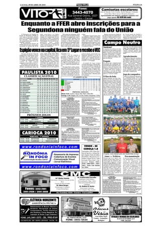CACOAL, 09 DE ABRIL DE 2010                                                                                                                                                                                                                                              PÁGINA 14

                                                                                                                          Fone:                                                        Camisetas escolares:
                                                                                                        3443-4070                                                                     José de Almeida, Cora Coralina, Aurélio Buarque, Clodoaldo,
                                                                                                                                                                                            Josino Brito, Maria Aurora, Bernardo Guimarães.
                                                                                           Rua General Osório, 1027                                                                   Apresentando este anúncio, qualquer camiseta você
                                                                                                                                                                                              paga apenas R$ 10,00 (dez reais).
                                                                                               - Centro - Cacoal

  Enquanto a FFER abre inscrições para a
    Segundona ninguém fala do União
   A Federação de Futebol do       abril, sexta-feira, e os clubes          Pelo andar da carruagem, 2010                        o time.                                                   Surgiu conversa na cidade de                        de Cacoal gosta do futebol e
Estado de Rondônia (FFER) já       filiados com direito estatutário a    pode gerar mais um fiasco do time                           Enquanto Cacoal ficou fora                         que há um grupo de empresários                         esse esporte é uma das poucas
está com as inscrições abertas     disputa do campeonato devem           do União na competição, com o                           do estadual em 2009 e 2010, Rolim                      e políticos interessados em fazer                      opções de entretenimento que a
para o VI Campeonato Estadual      providenciar junto à federação        ocorreu em 2009, quando ficou                           e Espigão fazem bonito, com boa                        ressurgir o União, pois o povo                         Capital do Café possui.
da 2ª Divisão – 2010, competi-     documento de Confirmação de           em último lugar, pois como de                           organização e pessoas compe-
ção programada para iniciar no     Participação. Em Cacoal, os res-      costume, os atuais dirigentes,                          tentes nas funções. Afinal, se
segundo semestre.
   O departamento técnico da
FFER anunciou que o prazo para
                                   ponsáveis       pelo       União
                                   Cacoalense, não se manifestam
                                   sobre a participação ou não da
                                                                         que insistem em comandar a equi-
                                                                         pe nas competições, não conse-
                                                                         guem contar com o apoio neces-
                                                                                                                                 perguntarem por ai quem é o atu-
                                                                                                                                 al presidente do União, ninguém
                                                                                                                                 sabe mas acabam concluindo que
                                                                                                                                                                                            Campo Neutro
inscrições se encerra dia 30 de    equipe na competição.                 sário e não abrem mão de dirigir                        é o teimoso Carioca.
                                                                                                                                                                                          Sumiram!                                             mete que vai e não aparece para
                                                                                                                                                                                                                                               jogar. Vou tratar jogo do time

Espigão vence na capital, fica em 5º Lugar e recebe o VEC
                                                                                                                                                                                          A maioria dos atletas do time                        de TRIBUNA POPULAR e con-
                                                                                                                                                                                          da imprensa não apareceu para                        vidarei somente aqueles que
                                                                                                                                                                                          jogar na Linha 10, Campo dos                         comparecem. Você é um convi-
                                   casa, como Tiago Vela, Belo,                                                                                                                           Pneus. Alguns justificaram que                       dado”.
   Os jogos de ida da 1ª fase do                                         marcador, 1 a 1.                                        goleiro celeste, porem não con-                          quando assumiram o compro-
campeonato rondoniense foram       Junior, Marcelo, Ari entre outros        Com o gol de empate o                                seguiram finalizar e só aos 42                           misso, esqueceram que o jogo
fechados na noite desta terça-     começou assustando o adver-
                                   sário. Logo aos 15 minutos, bola
                                                                         Espigão se animou e aos 29                              minutos outra vez Aluizio fez o                          seria no sábado de Aleluia, vés-                     Agradecimento
feira (6) com a partida entre o                                          Reinaldo virou para 2 a 1, aos                          quinto gol e Aderlan fechou a                            pera da Páscoa.                                      O Vanderley Barcelos Andrade,
Cruzeiro e Espigão, valido pela    levantada na área e Tiago Vela        35 minutos Aluizio ampliou o                            contagem aos 46, final de jogo,                                                                               que ajudou a fundar a Associa-
7ª rodada da competição, com       de cabeça encobriu o goleiro          marcador depois de uma falha                            Cruzeiro 1 x 6 Espigão.
vitória do time celeste            Charles fazendo 1 a 0 para o time     do zagueiro cruzeirense, 3 a 1 e                                                                                 Empate                                               ção União Capixaba do Campo
                                                                                                                                                                                                                                               dos Pneus, já foi presidente e o
espigoense pelo placar de 6 a 1.   estrelado da capital, mas aos         aos 38 novamente Reinaldo fa-                              A renda do jogo somou                                 Os atletas que compareceram                          atual presidente Naldo
   O Cruzeiro com um time to-      pouco foi cedendo terreno e aos       zia 4 a 1, placar do primeiro tem-                      270,00 (Duzentos e Setenta Re-                           formaram um combinado Im-                            Sesquím, apesar da ausência da
talmente diferente formado com     21 minutos também de cabeça,          po.                                                     ais) para um público pagante de                          prensa/União Capixaba e enca-                        maioria da imprensa, disse ter
atletas considerados prata da      Claudinho deixou tudo igual no           Na etapa final, o time coman-                        35 torcedores. Com o resultado                           raram o time do Cruzeiro, do                         ficado muito feliz com a presen-
                                                                         dado pelo técnico Elias Teixeira                        o Espigão soma 10 pontos gan-                            Cesquím e o placar ficou em 2 a                      ça dos abnegados atletas e que
                                                                         voltou mais determinado e cons-                         hos se igualando ao Moto, mas                            2, numa bela festa, regada a                         numa próxima partida, espera
                                                                         ciente no jogo e foi pra cima do                        com saldo de gol zero contra 12                          churrasco e cerveja no final,
   PAULISTA 2010                                                         time do técnico Tiago Batizoco
                                                                         (Espigão) chegando por diver-
                                                                         sas vezes com perigo a meta do
                                                                                                                                 do Moto, fica com a 5ª coloca-
                                                                                                                                 ção empurrando o Shallon para
                                                                                                                                 a 6ª posição.
                                                                                                                                                                                          com refrigerante para quem não
                                                                                                                                                                                          topava a “loirosa suada”.
                                                                                                                                                                                                                                               que todos compareçam.

                                                                                                                                                                                                                                               Jogo de compadres
       CLASSIFICAÇÃO FINAL                                                                                 CLASSIFICAÇÃO                                                                  O fino da bola                                       O jogo foi realmente uma gran-
                                                                                                                                                                                                                                               de confraternização. Teve até
                                                                                                                                                                                          Quem mostrou seu belo fute-                          alguns falando que foi um “jogo
                                                                                                                                                                                          bol foi dr. Zé Costa, diretor da                     de compadres”, pois o árbitro,
                                                                                                                                                                                          Rádio Samaúma. Dizia ele que                         foi o Cesquim, presidente do
                                                                                                                                                                                          sempre gostou e imitar o Ademir                      time do Cruzeiro, adversário.
                                                                                                                                                                                          da Guia, o fino da bola, que                         Mas ele e os dois garotos que
                                                                                                                                                                                          possuía uma classe refinada
                                                                                                                                                                                          nos toques e domínio de bola.                        bandeiraram a partida, que es-
                                                                                                                                                                                          Disse o Zé Costa que estará em                       tão na foto, não influenciaram
                                                                                                                                                                                          todos os jogos do time da Im-                        no placar. Só que o Cesquim
                                                                                                                                                                                          prensa, mas foi avisado pelo                         apitou o final do jogo quando o
                                                                                                                                                                                          Perin: “Só que outro da impren-                      seu time empatou, já no escu-
                                                                                                         PRÓXIMA RODADA                                                                   sa deve comandar o time por-                         ro... mas faltava dois minutos
                                                                         Sábado 10.04: Cruzeiro x Genus-19hs / Rolim x Moto-20hs                                                          que eu, tô fora! Esse povo pro-                      para terminar.
                                                                         Domingo -11.04: Espigão x VEC-18:10hs / Shallon x Ariquemes-17:00hs
                                                                                           1ª VARA CÍVEL                         honorários será reduzido a metade.
                                                                                         EDITAL DE CITAÇÃO
                                                                                           PRAZO: 20 dias                        PRAZO PARA RESPOSTA: 15 (Quinze) dias para
                                                                          DE: MIRIAM ISHIY ROSA, brasileira, solteira, estu-     opor embargos, contados do termino do prazo des-
                                                                          dante, RG nº 576.493 SSP/RO, CPF nº 611.454.402-       te edital.
                                                                          15, atualmente em lugar incerto e não sabido.          Processo: 0039096-03.2009.8.22.0007
                                                                          FINALIDADE: Citação do executado, acima men-           Classe: Execução de Títulos Extrajudicial
                                                                          cionado, para no prazo de 3 dias, pagar o principal    Requerente: Associação Educacional de Cacoal
                                                                          e cominações legais. Ciente ainda o devedor, de        Advogado: Diógenes Nunes de Almeida Neto OAB/
                                                                          que no prazo de embargos, caso reconheça o cre-        RO 3.831
                                                                          dito do exeqüente, deposite 30% do valor da divi-      Requerido: Miriam Ishiy Rosa
                                                                          da, mais custas precessuais e honorários               Valor da Causa: R$ 170,52 (cento e setenta reais e
                                                                          advocatícios, poderá requerer parcelamento do valor    cinqüenta e dois centavos) em 09/04/09
                                                                          restante em até 06 (seis) parcelas mensais, com        Sede do Juízo: Fórum Min. José Américo de
                                                                          correção monetária e juros de 1% ao mês. O não         Almeida, Rua dos Pioneiros,2425 - Centro - Cacoal,
                                                                          pagamento de qualquer das prestações acarretará        Cep: 78.976-902 - Fone/Fax: (69) 3441-4145.
                                                                          o vencimento imediato das demais parcelas e pros-      Cacoal-RO, 12 de março de 2010.
                                                                          seguimento da execução, com aplicação de multa                  (a) Euma Mendonça Tourinho

            PRÓXIMOS JOGOS
                                                                          de 10% sobre saldo remanescente. Em caso de                            Juiza de Direito
                                                                          integral pagamento no prazo de 3 dias, o valor dos                                          (1535 e 1536)
                                                                                                                                                                                                      Time do combinado Imprensa/União Capixaba
                                                                                         EDITAL DE CITAÇÃO                       primento integral da obrigação.
                                                                                            PRAZO: 20 dias                       Processo: 0052661-34.2009.822.0007
                                                                         CITAÇÃO DE: Jose Augusto Pereira da Costa, Nas-         Classe: Execução de Titulo Extrajudicial
                                                                         cido em 31/10/1960, no Município de Salvador-BA,        Procedimento: Processo de Execução (Cível)
                                                                         filho(a) de Erisvaldo Cyrino da Costa e Antonieta       Exeqüente: Varlene Alves Capichinho
                                                                         Pereira da Costa,. atualmente em lugar incerto.         DO EXECUTADO: Jose Augusto Pereira da Costa
                                                                         FINALIDADE: Citação para PAGAR no prazo de 03           Valor da Dívida: R$ 7.327,16
                                                                         (três) dias o valor da Divida, contados da dilação do   Cacoal-RO, 20/11/09
                                                                         prazo do Edital, a divida a seguir identificada, com              (a) Mario José Milani e Silva
                                                                         juros, correção e encargos legais, sob pena de serem                     Juiz de Direito
                                                                         arrestados tantos bens quantos bastarem para cum-                                            (1535 e 1536)


                                                                                          1ª VARA CÍVEL                          VALOR DA DIVIDA: R$ 3.751,29 (três mil sete-
                                                                                        EDITAL DE CITAÇÃO                        centos e cinqüenta e um reais e vinte e nove cen-
                                                                                      PRAZO: 20 (vinte) dias                     tavos), em 17/05/09.
                                                                          DE: KRISTIANE KATRINE DELCOLLI                         Processo: 0037905-20.2009.8.22.0007

    CARIOCA 2010                                                          SCHITIKOSKIS, brasileira, solteira, CPF nº.
                                                                          703.969.222-87, atualmente em lugar incerto e não
                                                                          sabido.
                                                                          FINALIDADE: Citação para PAGAR no prazo de 15
                                                                          (Quinze) dias, o valor infra, a ser atualizado por
                                                                                                                                 Classe: Monitória
                                                                                                                                 Requerente: Associação Educacional de Cacoal
                                                                                                                                 Advogado: Diógenes Nunes de Almeida Neto OAB/
                                                                                                                                 RO 3.831
                                                                                                                                 Requerido: Kristiane Katrine Delcolli Schitikoski                                              Time do Cruzeiro
                                                                          ocasião da dívida, acrescida de juros e demais         Sede do Juízo: Fórum Min. José Américo de
                                                                          encargos legais,ou garantir a execução, podendo        Almeida, Rua dos Pioneiros,2425 - Centro - Cacoal,
                                                                          opor embargos no prazo de 15 (quinze) dias, após       Cep: 78.976-902 - Fone/Fax: (69) 3441-4145.
                                                                          seguro Juízo.                                          Cacoal-RO, 11 de Março de 2010.
                                                                          PRAZO PARA RESPOSTA: 15 (Quinze) dias para                     (a) Euma Mendonça Tourinho
                                                                          opor embargos, contados do termino do prazo des-                      Juiza de Direito
                                                                          te edital.                                                                             (1535 e 1536)


                                                                                                                                      VENDE - SE
                                                                                                                                      COROLA 1.8
                                                                                                                                  Automático XEI -Prata, Ro-
                                                                                                                                  das de liga leve, Airbag Du-                             Cesquím, centro ladeado pelos dois bandeirinhas do jogo
                                                                                                                                  plo, Engate, Faróis de milha,
                                                                                                                                  Insulfilme, Maçanetas Cro-                                 Amec x Árbitros                                       Em manutenção
                                                                                                                                  madas 4 pneus novos, Todo                                Dizem que esse duelo está                           O site da Amec encontra-se
                                                                                                                                                                                           sendo travado entre Amec e a                        em manutenção e a asses-
                                                                                                                                  revisado, Placa final 1, Im-                             Associação de Árbitros. Por                         soria de imprensa da
                                                                                                                                  pecável. Fones: 3441-                                    causa desse impasse, a Taça                         autarquia municipal não
                                                                                                                                  9370 / 8482-8201 / 3443-                                 Padre Ezequiel Ramin e o Cam-                       forneceu maiores informa-
                                                                                                                                                                                           peonato de Futsal Indústria e                       ções sobre o impasse e nem
                                                                                                                                  3015. Falar com Suênia                                   Comércio ainda não tem nada
                                                                                                                                  ou Aline.                                                                                                    de outras modalidades es-
                                                                                                                                                                                           definido para o inicio. Ouvi-                       portivas que são desenvol-
                                                                                                                                                                                           mos que a Amec entende ser                          vidas no calendário de
                                                                                                                                                                                           muito cara a taxa de arbitragem                     2010, dando a entender que
                                                                                                                                                                                           que a associação de árbitros
                                                                                                                                                                                           quer cobrar para realizar as                        tudo está girando em torno
                                                                                                                                                                                           duas competições.                                   do impasse existente.

                                                                                                                                                                                                          1ª VARA CÍVEL                        integral pagamento no prazo de 3 dias, o valor dos
                                                                                                                       Dr. Credival Silva Carvalho                                                      EDITAL DE CITAÇÃO                      honorários será reduzido a metade.
                                                              Drª Gladys Castedo                                                                                                                          PRAZO: 20 dias                       PRAZO PARA RESPOSTA: 15 (Quinze) dias para
                                                                                                                          Cardiologia e Clínica Médica -                                 DE: ELIAS VENTURA DE JESUS, brasileiro, casa-         opor embargos, contados do termino do prazo des-
                                                      Ginecologia e Obstetrícia / Gravidez de Alto                                                                                       do, vendedor, CPF nº 349.928.982-20, atualmente       te edital.
                                                                                                                       Eletrocardiografia / Mapa - Holter                                em lugar incerto e não sabido.                        Processo: 0080533-24.2009.8.22.0007
                                                                        Risco                                                                                                            FINALIDADE: Citação do executado, acima men-          Classe: Execução de Títulos Extrajudicial
                                                                                                                        titular da Sociedade Brasileira de                               cionado, para no prazo de 3 dias, pagar o principal   Requerente: Belinello & Veiga Ltda - Me
                                                            Controle de câncer da mulher                                                                                                 e cominações legais. Ciente ainda o devedor, de       Advogado: Fernando da Silva Azevedo OAB/RO
                                                                                                                                    Cardiologia                                          que no prazo de embargos, caso reconheça o cre-       1.293
                                                                Dr. Edson Borges                                                                                                         dito do exeqüente, deposite 30% do valor da divi-     Requerido: Elias Ventura De Jesus
                                                                                                                           Dr. Hudson G. Zortéa                                          da, mais custas precessuais e honorários              Valor da Causa: R$ 531,71 (quinhentos e trinta re-
                                                             Dermatologia e Cosmiatria /                                                                                                 advocatícios, poderá requerer parcelamento do valor   ais e setenta sentavos) em 31/03/09
       Fones: 3443-2001                                        Cirurgia Dermatológica
                                                                                                                            Neurocirurgia e neurologia
                                                                                                                         E. E. G. Digital e Map. Cerebral
                                                                                                                                                                                         restante em até 06 (seis) parcelas mensais, com
                                                                                                                                                                                         correção monetária e juros de 1% ao mês. O não
                                                                                                                                                                                         pagamento de qualquer das prestações acarretará
                                                                                                                                                                                                                                               Sede do Juízo: Fórum Min. José Américo de
                                                                                                                                                                                                                                               Almeida, Rua dos Pioneiros,2425 - Centro - Cacoal,
                                                                                                                                                                                                                                               Cep: 78.976-902 - Fone/Fax: (69) 3441-4145.
                                                                                                                                                                                         o vencimento imediato das demais parcelas e pros-     Cacoal-RO, 12 de março de 2010.
      3441-2936 / 3441-3888                                     Av Cuiabá,1626 - Centro - Cacoal/RO
                                                                  .
                                                                                                                                                                                         seguimento da execução, com aplicação de multa
                                                                                                                                                                                         de 10% sobre saldo remanescente. Em caso de
                                                                                                                                                                                                                                                        (a) Euma Mendonça Tourinho
                                                                                                                                                                                                                                                               Juiza de Direito
                                                                                                                                                                                                                                                                                   (1535 e 1536)




                  ELÉTRICA HORIZONTE
                    ASSISTÊNCIA TÉCNICA
                  Rebobinamento de Motores Elétricos e
                  Geradores. Recuperação de Chaves
                  Compensadoras, Painéis Eletrônicos
                  para Geradores e Chaves Magnéticas. Re-
                  cuperação de Bomba D´água Submersa.
                                                                                                                                                                      A Sua Melhor Opção
                                                                                         AV. PORTO VELHO, 2147                                                                                                  ÓTICAS E VENDAS DE CELULARES
                                                                                                                                                                  Lentes - Armações -                                           AV. SETE DE SETEMBRO, 2219
                                                                                      FONE: 3441-5434                                                                  Relógios                                                       FONE: 3443-5434
 
