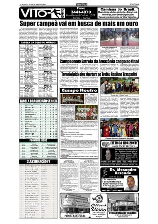 CACOAL, 18 DE JUNHO DE 2010                                                                                                                                                                                                                            PÁGINA 18

                                                                                                                                           Fone:                                                   Camisas do Brasil,       Brasil
                                                                                                                            3443-4070                                                            Masculinas adultas e infantis e Baby Look
                                                                                                                 Rua General Osório, 1027                                                           femininas, com o melhor preço de
                                                                                                                     - Centro - Cacoal                                                           Cacoal, você encontra na Vitor Esportes.


 Super campeã vai em busca de mais um ouro
    A atleta mirim Rairha Lino,                 nho. Ela participa da categoria                   (BA). Aqui em Rondônia ela con-                consegui disputar a Copa SESC
que vem se acostumando a des-                   infantil para atletas de 09 e 10                  quistou dois ouros recentemen-                 e buscar o Ouro em Salvador,
frutar de importantes conquistas                anos, com até 31 Kg. A atleta                     te e neste fim de semana vai em                Bahia. Sou grata e também dedi-
em todos os embates de judô em                  sempre esteve no alto do pódio                    busca da terceira medalha de                   co minhas conquistas à minha
que participa, vai encarar mais                 em praticamente todas as com-                     ouro. Rairha sempre teve o apoio               família, ao meu treinador e a to-
um desafio neste fim de semana                  petições de que disputou no ano                   da irmã Lorraine Lino, que tam-                dos aqueles que sempre acredi-
e representará o município de                   de 2009, sendo que um dos mais                    bém é atleta de alto nível, e é trei-          taram no meu esforço”, disse.
Cacoal na 7ª Copa AECAFO de                     importantes títulos foi o que                     nada pelo técnico José de Oli-
Alta Floresta do Oeste, que                     conquistou em dezembro, fora do                   veira, formado em educação físi-                    Principais conquistas
acontece nos dias 19 e 20 de ju-                Estado, na Copa Sesc/Salvador                     ca e especialista em fisiologia do                      de Rairha Lino
                                                                                                  esforço (CREF 525-G/RO), faixa                 Vice-campeã da Copa Centro Olím-
   TABELA DA COPA DO MUNDO                                                                        preta, 4º Dan da Confederação
                                                                                                  Brasileira de Judô, responsável
                                                                                                                                                 pico Henrique Guimarães – São
                                                                                                                                                 Paulo (SP) - 2007;
             GRUPO A                                      GRUPO E                                 pela Academia Judô Ogawa (Av.                  Bi-Campeã estadual 2009;
            Dia 11 de Junho                              Dia 14 de Junho                          Porto Velho, 2491), em Cacoal,                 Campeã nacional da Copa SESC/
 África do Sul 01 x 01 México                  Holanda 02 x 00 Dinamarca                          RO.                                            Salvador (BA);                                        Principais conquistas de         peões em Ouro Preto (RO) - 2009;
 Uruguai 00 x 00 França                        Japão 01 x 00 Camarões                                 A talentosa atleta disse que               Campeã da 10ª Copa dos Campe-                              Lorraine Lino               Campeã da 1ª Copa Vilhena 2009;
            Dia 16 de Junho                              Dia 19 de Junho                                                                         ões em Ouro Preto (RO) – 2009;                                                         Bi-Campeã na 6ª na Copa
 África do Sul 00 x 03 Uruguai                 08h30 - Holanda x Japão
                                                                                                  é muito agradecida a Deus por                                                                    Bronze na 5ª Copa Centro Olímpi-
            Dia 17 de Junho                    15h30 - Camarões x Dinamarca                       ter essa firme disposição e des-               Campeã da 6ª Copa AECAFO Alta                     co Henrique Guimarães – São          AECAFO em Alta Floresta (RO) -
 França 00 x 02 México                                   Dia 24 de Junho                          prendimento, e também revelou                  Floresta (RO) – 2009;                             Paulo (SP) – 2007;                   2009;
            Dia 22 de Junho                    15h30 - Dinamarca x Japão                          toda a sua gratidão à irmã e ao                Campeã da 1ª Copa Vilhena (RO) –                  Bronze no Campeonato Brasilei-       Campeã na Copa Ji-Paraná (2009),
 11h00 - México x Uruguai                      15h30 - Camarões x Holanda                         seu patrocinador, Toninho                      2009;                                             ro, etapa de Goiás;                  além de importantes conquistas
 11h00 - França x África do Sul                                                                   Bisconsin, da Concreaço Ama-                   Campeã da 2ª Copa Kodokan em                      Tetra Campeã estadual 2009;          em jogos abertos e outras com-
                                                            GRUPO F                               zônia. “Graças a esse patrocínio               Porto Velho (RO) – 2010.                          Bi-Campeã da 10ª Copa dos Cam-       petições locais.
           GRUPO B                                        Dia 14 de Junho
                                               Itália 01 x 01 Paraguai

                                                                                                  Campeonato Estrela da Amazônia chega ao final
          Dia 12 de Junho
 Coreia do Sul 02 x 00 Grécia                             Dia 15 de Junho
 Argentina 01 x 00 Nigéria                     Nova Zelândia 01 x 01 Eslováquia
          Dia 17 de Junho                                 Dia 20 de Junho
 Argentina 04 x 01 Coreia do Sul               08h30 - Eslováquia x Paraguai                         O 1º Campeonato Interno de                     Na disputa pela terceira co-                   Corinthians e Flamengo, que          de goleada. O São Paulo humi-
 11h00 - Grécia x Nigéria                      11h00 - Itália x Nova Zelândia                     Futebol de Areia da Escolinha de               locação na categoria 08 a 12                      também teve goleada. O               lhou o time do Real Madrid com
          Dia 22 de Junho                                 Dia 24 de Junho                         Futebol Estrela da Amazônia, or-               anos, o Santos goleou a Inter                     Corinthians venceu o Flamengo        uma goleada de 7x1, ficando com
 15h30 - Nigéria x Coreia do Sul               11h00 - Eslováquia x Itália                        ganizado pelos desportistas Sar-               Milão por 4x2, ficando com a                      por 4x1, sagrando-se o grande        o terceiro lugar. Já o Santa Cruz
 15h30 - Grécia x Argentina                    11h00 - Paraguai x Nova Zelândia                                                                                                                    campeão da categoria. Na cate-       foi o grande campeão da catego-
                                                                                                  gento Severino e Gilcesar, e co-               vaga. A disputa pelo título de
                                                           GRUPO G                                laboradores, chega à etapa final.              campeão ficou para as equipes                     goria 13 a 15 anos, teve uma gran-   ria vencendo o Milan por 3x2.
             GRUPO C
            Dia 12 de Junho                               Dia 15 de Junho
 Inglaterra 01 x 01 Estados Unidos
            Dia 13 de Junho
 Argélia 00 x 01 Eslovênia
            Dia 18 de Junho
                                               Costa do Marfim 00 x 00 Portugal
                                               Brasil 02 x 01 Coreia do Norte
                                                          Dia 20 de Junho
                                               15h30 - Brasil x Costa do Marfim
                                                                                                     Torneio Inicio deu abertura ao Troféu Rosilene Traspadini
                                                                                                      Aconteceu no sábado, 12, no                do campeonato participam em
 11h00 - Eslovênia x Estados Unidos                       Dia 21 de Junho                         Campo do It Polpas, na Linha 9,                uma eliminatória simples, que só
 15h30 - Inglaterra x Argélia                  08h30 - Portugal x Coreia do Norte                                                                pela participação a equipe já ga-
            Dia 23 de Junho                               Dia 25 de Junho                         o Torneio Início do 5º Campeo-
 11h00 - Eslovênia x Inglaterra                11h00 - Portugal x Brasil                          nato de Futebol Society Rural                  nha 1 ponto para a classificação
 11h00 - Estados Unidos x Argélia              11h00 - Coreia do Norte x Costa do Marfim          Feminino - Troféu Rosilene                     geral, já a campeã, além do pon-
                                                                                                  Traspadini.                                    to de participação, ganha mais 1
             GRUPO D                                     GRUPO H                                      O torneio início é uma com-                ponto.
            Dia 13 de Junho                              Dia 16 de Junho                          petição onde todas as equipes                      A equipe campeã do torneio
  Sérvia 00 x 01 Gana                          Honduras 00 x 01 Chile
  Alemanha 04 x 00 Austrália                   Espanha 00 x 01 Suíça
            Dia 18 de Junho
  08h30 - Alemanha x Sérvia
            Dia 19 de Junho
  11h00 - Gana x Austrália
                                                         Dia 21 de Junho
                                               11h00 - Chile x Suíça
                                               15h30 - Espanha x Honduras                            Campo Neutro
            Dia 23 de Junho
  15h30 - Gana x Alemanha
                                                        Dia 25 de Junho
                                               15h30 - Chile x Espanha                                                                                       Vai        longe! A                                      Romeu abre o Torneio Inicio
  15h30 - Austrália x Sérvia                   15h30 - Suíça x Honduras                                                                                      Rondobras Auto Peças ob-
                                                                                                                                                             teve três vitórias consecuti-
                                                                                                                                                             vas no Indústria e Comér-             foi a Linha Vinte e um, que no       nato neste final de semana, sá-
                                                                                                                                                             cio e está na semifinal in-           primeiro jogo venceu as              bado, 19, a partir das 15:30h com
 TABELA BRASILEIRÃO SÉRIE B                                                                                                                                  victa. O Ismael é só ale-
                                                                                                                                                             gria. Esta equipe vai Lon-
                                                                                                                                                             ge. Parabéns moçada!!!
                                                                                                                                                                                                   Cruzeirinhas por 4 x 0, já no se-
                                                                                                                                                                                                   gundo jogo jogou contra a Ro-
                                                                                                                                                                                                   dovia do Café, onde ganhou por
                                                                                                                                                                                                                                        2 partidas no campo da It Polpas
                                                                                                                                                                                                                                        na linha 9 com os jogos: Campo
                                                                                                                                                                                                                                        Grande – Linha 12 contra Linha
C LUB E                   PG                     JG     VI EM           D E GP      GC S G                                                                                                         4 a 0, indo para a final contra a
                                                                                                   Despedida. A garotada da equi-                                                                                                       21 e It Polpas – Linha 9 contra
    1      P a ra n á -P R                       15      7        5     0       2   14       4
                                                                                                   pe TRIBUNA POPULAR, co-
                                                                                                                                                                                                   equipe It Polpas e vencendo por      Laranjeiras – Linha 9 e no campo
    2      A m é r ic a - M G                    14      7        4     2       1   10       2     mandada pelo Gilcesar, despe-                                                                   2 a 0, sagrando-se campeã do         do Flamengo na linha 10, também
                                                                                                   diu-se de forma bonita do Indús-                                                                Torneio Início e somando 2 pon-      as 15:30h com os jogos:
    3      C o r i t ib a - P R                  14      7        4     2       1   13       10
                                                                                                   tria e Comércio, apesar da der-                                                                 tos para a classificação geral do    Eucalipto – Linha 10 contra
    4      N á u t ic o -P E                     14      7        4     2       1   12       11    rota de 5 a 2 para o bicho-papão                                                                campeonato, saindo em grande         Cruzeirinhas – Linha 10 e
    5      F i g u e ir e n s e - S C            13      7        4     1       2   13       6     Tozzo, na segunda-feira. Com                                                                    vantagem perante as outras 9         Flamengo “B” contra Flamengo
    6      P o r tu g u e s a -S P               13      7        4     1       2   15       10
                                                                                                   dois titulares suspensos e com                                                                  equipes.                             “A” da linha 10. Fonte:
                                                                                                   um banco reduzido, o time che-                                                                      As equipes femininas já te-      www.ameccacoal.com.br - Autor:
    7      B a h ia - B A                        13      7        4     1       2   10       7     gou a estar ganhando de 2 a 0.                                                                  rão jogos válidos pelo campeo-
                                                                                                   TRIBUNA POPLAR em sua                                                                                                                Naoto Kaiser
    8      S ão C aetano-SP                      12      7        3     3       1   15       8     participação, jogou quatro ve-
    9      G u a r a tin g u e tá -S P           12      7        3     3       1   12       10    zes, ganhando duas, da Bonin
                                                                                                   Recapeadora de 8 a 2 e de 7 a
   10      I ca sa -C E                          10      7        3     1       3   12       10     1 do S. Irmãos Gonçalves e perdeu duas, de 2 a 4 para a Móveis Romera e 2 a
   11      A S A -A L                            10      7        3     1       3   12       13     5 para a Tozzo Bombas Injetoras. Apesar da equipe não ter mais chance de
                                                                                                    classificação, a garotada despede-se aplaudida pelo futebol que apresentou frente a
   12      B r a s ilie n s e -D F               10      7        2     4       1   10       8      Tozzo, considerada uma das melhores equipes do Estado e que conquistou a Copa
   13      B r a g a n tin o -S P                 8      7        1     5       1   8        9      Rotary recentemente pele segunda vez consecutiva em Rolim de Moura.
   14      S p o r t-P E                          7      7        2     1       4   10       11    Prossegue
                                                                                                   O Campeonato Indústria e Comércio ainda terá os seguintes jogos em sua primeira
   15      S a n to A n d r é -S P                7      7        2     1       4   11       15    fase:
   16      P o n te P r e ta -S P                 6      7        1     3       3   7        10    Dia 21
                                                                                                   Bonin x Tozzo, Curtidora Eder x Distriboi
   17      A m é r ic a - R N                     6      7        1     3       3   8        15    Dia 23
   18      I p a tin g a -M G                     3      7        1     0       6   6        15    Rondonia Veículos x Rondobras, Móveis Romera x S. I.Gonçalves
                                                                                                   Dia 25
   19      D u q u e d e C a x i a s -R J         3      7        1     0       6   5        16    Com. PSV x Pirâmide, S. A Luzitana x Rosalino
   20      V il a N o v a - G O                   3      7        1     0       6   3        16
                                                                                                   Ezequiel Ramin                                                                                           Equipes durante o juramento do atleta.
                     PRÓXIMOS JOGOS                                                                     A X Taça Padre Ezequiel Ramin teve sua primeira fase encerrada no último
                                                                                                   sábado, com a realização de quatro partidas quando ocorreu a maior goleada da
                                                                                                   competição, com 9 a 2 do Democrata da Linha 10 sobre o Cafezal da Linha 5. Os
                                                                                                   jogos: O Democrata da Linha 10 recebeu o Cafezal e fez a maior goleada, 9 x 1.
                                                                                                   O Baiano Esporte Clube foi surpreendido em casa pelo Corinthians da Linha 13 que
                                                                                                                                                                                                                     ELÉTRICA HORIZONTE
                                                                                                   ganhou de 3 a 1. O Brasilzinho, da 10, goleou em casa o Nova América da 10, por
                                                                                                   4 a 0 e o Barreiros foi goleado pelo Bandeirantes, em casa por 1 a 5.                                                ASSISTÊNCIA TÉCNICA
                                                                                                   Interbairros                                                                                                              Rebobinamento de Motores Elétri-
                                                                                                   O Campeonato Interbairros, promovido pela Amec, que iníciou no dia 8, teve os                                             cos e Geradores. Recuperação de
                                                                                                   seguintes jogos realizados:
                                                                                                   Floresta 6 x 3 Vilage-B, Princesa Isabel 4 x 1 Santo Antonio, P. Fortaleza 6 x 1                                          Chaves Compensadoras, Painéis
                                                                                                   Liberdade, Vista Alegre x Teixeirão
                                                                                                   Próximos jogos                                                                                                            Eletrônicos para Geradores e Cha-
                                                                                                   Dia 22: Floresta x Bela Vista, Dia 24: Santo Antonio x Vilage-A, Dia 29: Vilage-B                                         ves Magnéticas. Recuperação de
                                                                                                   x P.Fortaleza
                                                                                                                                                                                                                             Bomba D´água Submersa.
                                                                                                               3ª VARA CÍVEL                                  3ª VARA CÍVEL

              CLASSIFICAÇÃO F1                                                                              EDITAL DE CITAÇÃO
                                                                                                           PRAZO: 20 (trinta) dias
                                                                                                  REQUERIDO: MARIA INES VIANA
                                                                                                  DOS SANTOS, nascido em 29/03/1962, no
                                                                                                                                                          EDITAL DE CITAÇÃO
                                                                                                                                                          PRAZO: 20 (trinta) dias
                                                                                                                                                 REQUERIDOS: MARCOS ROBERTO
                                                                                                                                                 GOULART, CPF nº 561.378.432-15,
  P .      P IL O T O                                 E Q U IP E                     P TS .       Municipio de Pereira Barreto/SP, filho(a)      DAIANY FELGLER PEREIRA, CPF nº
                                                                                                  de Julio Antonio Viana e Maria Rosa de Je-     927.209.432-15, atualmente em lugar incer-
                                                                                                  sus, atualmente em lugar incerto e não sabi-   to e não sabido.
  0 1      L e w is H a m i lt o n                    M c L a re n                   1 0 9                                                       FINALIDADE: Citação para PAGAR no
                                                                                                  do.
                                                                                                                                                 prazo de 15 (quinze) dias, o valor da divida

                                                                                                                                                                                                                   Dr. Alexandre
                                                                                                  FINALIDADE: Citação para PAGAR no
  0 2      J e n s o n      B u tto n                 M c L a re n                   1 0 6        prazo de 15 (quinze) dias, o valor da divida   abaixo descrita, contados da dilação do
                                                                                                  abaixo descrita, contados da dilação do pra-   prazo do Edital, a divida acima identificada,
                                                                                                  zo do Edital, a divida acima identificada,     com juros, correção e encargos legais, po-
  0 3      M a rk W eb b e r                          R e d    B u ll                1 0 3                                                       dendo opor embargos no mesmo prazo sob

                                                                                                                                                                                                                      Rezende
                                                                                                  com juros, correção e encargos legais, po-
                                                                                                  dendo opor embargos no mesmo prazo sob         pena de constituir-se em Titulo Executivo
  0 4      F e rn a n d o         A lo n s o          F e r ra r i                   9 4          pena de constituir-se em Titulo Executivo      Judicial. Decorrido o prazo o titulo será
                                                                                                  Judicial. Decorrido o prazo o titulo será      convertido em titulo judicial. Em caso de
                                                                                                  convertido em titulo judicial. Em caso de      pronto pagamento, desobriga-se o devedor
  0 5      S e b a s t ia n       V e t te l          R e d    B u ll                9 0          pronto pagamento, desobriga-se o devedor       de custas e honorarios.
                                                                                                  de custas e honorarios.                        Processo: 0086717-93.2009.822.0007                                CRM-RO 2314
  0 6      N ic o R o s b e r g                       M e rc e d e s                 7 4          Processo: 0086710-04.2009.822.0007             Classe: Monitória
                                                                                                  Classe: Monitória                              Procedimento: Procedimentos Especiais de
  0 7      R o b e r t K u b ic a                     R e n a u lt                   7 3
                                                                                                  Procedimento: Procedimentos Especiais de
                                                                                                  Jurisdição Contenciosa
                                                                                                                                                 Jurisdição Contenciosa
                                                                                                                                                 Exequente: Sociedade Regional de Educa-             - Ortopedia
                                                                                                  Exequente: Sociedade Regional de Educa-        ção e Cultura Ltda Sorec
  0 8      F e l ip e M a s s a                       F e r ra r i                   6 7          ção e Cultura Ltda Sorec
                                                                                                  Valor da Divida: 6.153,31
                                                                                                                                                 Valor da Divida: 4.772,04
                                                                                                                                                 DO EXECUTADO: MARCOS ROBERTO                        - Traumatologia
                                                                                                  DO EXECUTADO: Maria Ines Viana dos             GOULART e DAIANY FELGLER PEREI-
  0 9      M ic h a e l S c h u m a c h e r           M e rc e d e s                 3 4          Santos                                         RA                                                    Hospital e Maternidade São Paulo
                                                                                                  Sede do Juízo: Fórum Min. José Américo de      Sede do Juízo: Fórum Min. José Américo de
           A d r ia n S u til                         F o r c e In d ia                           Almeida, 3ª Vara Civel. Av. Perto Velho,       Almeida, 3ª Vara Civel. Av. Perto Velho,              Av. São Paulo, 2539 - Centro/Cacoal
  1 0                                                                                2 3
                                                                                                  2728 - Centro - Cacoal, Cep: 78.963-859 -      2728 - Centro - Cacoal, Cep: 78.963-859 -                         CEP. 76.963-577
                                                                                                  Fone/Fax: (69) 3443-5036                       Fone/Fax: (69) 3443-5036
  1 1      V i ta n to n i o L i u z z i              F o r c e In d ia              1 2          Cacoal-RO, 09/06/10                            Cacoal-RO, 31/05/10                                      Fones: (69)
                                                                                                         (a) Mario Jose Milani e Silva                 (a) Mario Jose Milani e Silva
                                                                                                                Juiz de Direito                                Juiz de Direito
  1 2      R u b e n s B a r r ic h e l lo            W illia m s                    7
                                                                                                                                 (1546 e 1547)                                   (1546 e 1547)       3441-4611 / 3441-4612
  1 3      V it a ly P e t r o v                      R e n a u lt                   6


  1 4      S e b a s t ie n       B u e m i           T o ro   R o s s o             5


  1 5      J a im e A l g u e r s u a r i             T o ro   R o s s o             3


  1 6      K a m u i K o b a ya s h i                 B M W       S a u b e r        1


  1 7      N ic o    H u lk e n b e rg                W illia m s                    1


  1 8      P e d ro     d e la      R o s a           B M W       S a u b e r        0

  1 9      H e ik k i K o v a l a in e n              L o tu s                       0


  2 0      K a run      C h a nd h o k                H R T                          0


  2 1      L u c a s d i G ras s i                    V ir g in                      0


  2 2      J a rn o      T r u lli                    L o tu s                       0                                                                                          A Sua Melhor Opção                 ÓTICAS E VENDAS DE CELULARES
                                                                                                                AV. PORTO VELHO, 2147                                         Lentes - Armações -
  2 3      T im o G lo c k                            V ir g in                      0
                                                                                                                                                                                                                             AV. SETE DE SETEMBRO, 2219
  2 4      B ru n o S en n a                          H R T                          0
                                                                                                             FONE: 3441-5434                                                       Relógios                                        FONE: 3443-5434
 