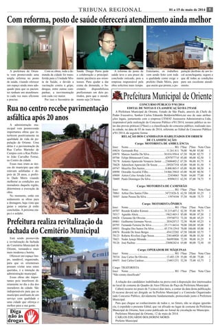 TRIBUNA REGIONAL 01 a 15 de maio de 2014 5 
Com reforma, posto de saúde oferecerá atendimento ainda melhor 
Diga 
não às 
drogas 
Prefeitura Municipal de Oriente 
CONCURSO PÚBLICO Nº01/2014 
EDITAL DE NOTAS E CLASSIFICAÇÃO DA 2ªFASE 
A Prefeitura Municipal de Oriente, Estado de São Paulo, através do Chefe do 
Poder Executivo, Senhor Carlos Eduardo BoldoriniMóris,no uso de suas atribui-ções 
legais, juntamente com a empresa CEMAT Assessoria Administrativa Ltda, 
responsável pela realização do Concurso Público nº01/2014, tornam público as no-tas 
das provas práticas (2ªfase) e a classificação do concurso público, realizado nes-ta 
cidade, na data de 03 de maio de 2014, referente ao Edital do Concurso Público 
nº01/2014, da seguinte forma: 
RELAÇÃO DOS CANDIDATOS HABILITADOS EM ORDEM 
DE CLASSIFICAÇÃO: 
Cargo: MOTORISTA DE AMBULÂNCIA 
Inscr Nome................................................................... RG 1ªfase 2ªfase Nota Class 
69824 Germando Ruy........................................ 11.261.811 70,00 96,00 83,00 1 
69870 Marcos Aurélio Da Silva......................30.016.950-4 67,50 98,00 82,75 2 
69766 Felipe Bittencourt Costa.........................42970777-0 85,00 80,00 82,50 3 
70178 Antonio Aparecido Venancio Junior......23606402-2 67,50 96,00 81,75 4 
70428 Ademilson Aparecido De Souza.............249267354 65,00 98,00 81,50 5 
69747 Maurilio Dos Santos...............................8.800.065-5 65,00 96,00 80,50 6 
69890 Oswaldo Accarini Filho........................14.066.394-0 65,00 96,00 80,50 7 
69809 Airton Celso Arruda Leite.........................22434063 70,00 84,00 77,00 8 
70489 Paulo Domingos Da Silva......................... 85096311 62,50 87,00 74,75 9 
Cargo: MOTORISTA DE CAMINHÃO 
Inscr Nome..................................................................... RG 1ªfase 2ªfase Nota Class 
70061 Arthur Dos Santos Filho.........................34721826-X 62,50 100,00 81,25 1 
70507 Jaime Pessoa Da Silva................................15974104 57,50 94,00 75,75 2 
Cargo: MOTORISTA ÔNIBUS 
Inscr Nome..................................................................... RG 1ªfase 2ªfase Nota Class 
69707 Ricardo Kindiro Kimura........................33.215.607-2 82,50 95,00 88,75 1 
70317 Agnaldo Alteia.........................................19621485-3 85,00 90,00 87,50 2 
69428 Clemente De Oliveira...............................159740733 72,50 98,00 85,25 3 
69461 Guilherme Germano Neves......................203624713 72,50 98,00 85,25 4 
69793 Fernando Ferreira Da Silva....................25.171.663-6 70,00 100,00 85,00 5 
69953 Douglas Dos Santos Da Silva................45.374.129-0 70,00 100,00 85,00 6 
69876 Ricardo De Jesus Borges..........................454122202 67,50 100,00 83,75 7 
70123 Roberto Rivelino Zago Souza...................230140920 65,00 98,00 81,50 8 
70421 Neder Araujo Miranda..............................566993806 72,50 90,00 81,25 9 
70126 José Paulino.............................................23606242-6 65,00 80,00 72,50 10 
Cargo: OPERADOR DE MÁQUINAS 
Inscr Nome..................................................................... RG 1ªfase 2ªfase Nota Class 
70334 Jose Carlos De Oliveira............................13.483.129 55,00 95,00 75,00 1 
69455 José Carlos Cardoso..................................134831251 52,50 75,00 63,75 2 
Cargo: TRATORISTA 
Inscr Nome..................................................................... RG 1ªfase 2ªfase Nota Class 
“Não consta classificado” 
A relação dos candidatos inabilitados na prova está à disposição dos interessados 
no local de costume do Quadro de Atos Oficiais do Paço da Prefeitura Municipal. 
Caberá recurso no prazo de 5 (cinco) dias úteis, a contar da data desta publicação. 
O recurso deverá ser dirigido ao Sr.Prefeito Municipal e a Comissão Organizado-rado 
Concurso Público, devidamente fundamentado, protocolado junto à Prefeitura 
Municipal. 
Para que chegue ao conhecimento de todos e, no futuro, não se alegue ignorân-cia, 
é expedido o presente Edital, que vai afixado no lugar de costume da Prefeitura 
Municipal de Oriente, bem como publicado no Jornal de circulação no Município. 
Prefeitura Municipal de Oriente, 12 de maio de 2014. 
CARLOS EDUARDO BOLDORINI MÓRIS 
Prefeito Municipal 
A prefeitura de Orien-te 
vem promovendo uma 
ampla reforma no posto 
de saúde, visando oferecer 
um espaço ainda mais ade-quado 
para que os pacien-tes 
tenham um atendimen-to 
cada vez mais eficiente 
e preciso. 
Com as obras, toda a de-manda 
da cidade foi trans-ferida 
para a Unidade Mis-ta 
de Saúde, e devido a 
vacinação contra a gripe, 
dengue, entre outras cam-panhas, 
a movimentação 
está cada vez maior. 
Por isso o Secretário de 
Saúde Thiago Parra pede 
a colaboração e principal-mente 
paciência aos orien-tenses. 
Para ajudar a dar 
conta da demanda, o Se-cretário 
disponibilizou 
profissionais em dois pe-ríodos, 
para que o atendi-mento 
seja 24 horas. 
A reforma do posto de 
saúde teve o seu prazo de 
conclusão esticado, pois a 
empresa responsável pela 
obra solicitou mais tempo. 
Entretanto, os trabalhos 
vem sendo feito com toda 
a qualidade como exige o 
prefeito Dado Móris, para 
que assim que pronta, a po-pulação 
desfrute de um lo-cal 
aconchegante, seguro e 
que dê todas as condições 
para um excelente atendi-mento. 
Rua no centro recebe pavimentação 
asfáltica após 20 anos 
A administração mu-nicipal 
vem promovendo 
importantes obras que in-terferem 
positivamente na 
qualidade de vida da po-pulação 
de Oriente. Uma 
delas é a pavimentação da 
Rua Carlos Marinho de 
Campos com a Rua Prefei-to 
João Carvalho Ferraz, 
no Centro da cidade. 
Essas ruas eram as úni-cas 
do municipio que não 
estavam asfaltadas e de-pois 
de 20 anos, o prefei-to 
Dado Móris visando 
melhorar as condições aos 
moradores daquela região, 
determinou a execução da 
obra. 
No momento, estão em 
andamento as obras para 
a drenagem, haja vista que 
guias e sarjetas já estão 
concluídas. A próxima eta-pa 
é o asfalto. 
Prefeitura realiza revitalização da 
fachada do Cemitério Municipal 
Está sendo promovida 
a revitalização da fachada 
do Cemitério Municipal de 
Oriente, tornando-a mais 
mais moderna e bonita. 
Oferecer um espaço lim-po, 
saudável, organizado, 
para que os orientenses 
possam visitar seus entes 
queridos, é a intenção da 
administração municipal. 
Essas obras são impor-tantes 
pois interferem di-retamente 
no dia a dia dos 
moradores da cidade. São 
indispensáveis para que os 
munícipes usufruam de um 
serviço com qualidade e 
uma cidade que ofereça o 
melhor para a sua gente. 
 