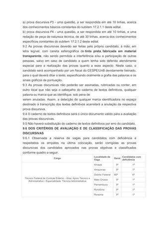 a) prova discursiva P3 - uma questão, a ser respondida em até 10 linhas, acerca
dos conhecimentos básicos constantes do subitem 17.2.1.1 deste edital.
b) prova discursiva P4 - uma questão, a ser respondida em até 10 linhas, e uma
redação de peça de natureza técnica, de até 30 linhas, acerca dos conhecimentos
específicos constantes do subitem 17.2.1.2 deste edital.
9.2 As provas discursivas deverão ser feitas pelo próprio candidato, à mão, em
letra legível, com caneta esferográfica de tinta preta, fabricada em material
transparente, não sendo permitida a interferência e/ou a participação de outras
pessoas, salvo em caso de candidato a quem tenha sido deferido atendimento
especial para a realização das provas quanto a esse aspecto. Neste caso, o
candidato será acompanhado por um fiscal do CESPE/UnB devidamente treinado,
para o qual deverá ditar o texto, especificando oralmente a grafia das palavras e os
sinais gráficos de pontuação.
9.3 As provas discursivas não poderão ser assinadas, rubricadas ou conter, em
outro local que não seja o cabeçalho do caderno de textos definitivos, qualquer
palavra ou marca que as identifique, sob pena de
serem anuladas. Assim, a detecção de qualquer marca identificadora no espaço
destinado à transcrição dos textos definitivos acarretará a anulação da respectiva
prova discursiva.
9.4 O caderno de textos definitivos será o único documento válido para a avaliação
das provas discursivas.
9.5 Não haverá substituição do caderno de textos definitivos por erro do candidato.
9.6 DOS CRITÉRIOS DE AVALIAÇÃO E DE CLASSIFICAÇÃO DAS PROVAS
DISCURSIVAS
9.6.1 Observada a reserva de vagas para candidatos com deficiência e
respeitados os empates na última colocação, serão corrigidas as provas
discursivas dos candidatos aprovados nas provas objetivas e classificados
conforme quadro a seguir.
                                                               Localidade de              Candidatos com
                           Cargo                                                  Geral
                                                               Vaga                       deficiência

                                                               Amapá               9ª            1ª

                                                               Amazonas            9ª            1ª

                                                               Distrito Federal   66ª            6ª
 Técnico Federal de Controle Externo - Área: Apoio Técnico e
                                                               Mato Grosso         9ª            1ª
    Administrativo - Especialidade: Técnica Administrativa
                                                               Pernambuco          9ª            1ª

                                                               Rondônia            9ª            1ª

                                                               Roraima             9ª            1ª
 
