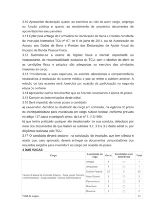 3.10 Apresentar declaração quanto ao exercício ou não de outro cargo, emprego
ou função pública e quanto ao recebimento de proventos decorrentes de
aposentadorias e/ou pensões.
3.11 Optar pela entrega do Formulário de Declaração de Bens e Rendas constante
da Instrução Normativa TCU nº 67, de 6 de julho de 2011, ou da Autorização de
Acesso aos Dados de Bens e Rendas das Declarações de Ajuste Anual do
Imposto de Renda Pessoa Física.
3.12 Submeter-se a exame de higidez física e mental, capacitante ou
incapacitante, de responsabilidade exclusiva do TCU, com o objetivo de aferir se
as condições física e psíquica são adequadas ao exercício das atividades
inerentes ao cargo.
3.13 Providenciar, a suas expensas, os exames laboratoriais e complementares
necessários à realização do exame médico a que se refere o subitem anterior. A
relação de tais exames será fornecida por ocasião da participação na segunda
etapa do certame.
3.14 Apresentar outros documentos que se fizerem necessários à época da posse.
3.15 Cumprir as determinações deste edital.
3.16 Será impedido de tomar posse o candidato:
a) ex-servidor, demitido ou destituído de cargo em comissão, na vigência do prazo
de incompatibilidade para investidura em cargo público federal, conforme previsto
no artigo 137,caput e parágrafo único, da Lei nº 8.112/1990;
b) que tenha praticado qualquer ato desabonador de sua conduta, detectado por
meio dos documentos de que tratam os subitens 3.7, 3.8 e 3.9 deste edital ou por
diligência realizada pelo TCU.
3.17 O candidato deverá declarar, na solicitação de inscrição, que tem ciência e
aceita que, caso aprovado, deverá entregar os documentos comprobatórios dos
requisitos exigidos para investidura no cargo por ocasião da posse.
4 DAS VAGAS
                                                           Localidade de             Candidatos com
                         Cargo                                               Geral                    Total
                                                               vaga                    deficiência

                                                           Amapá              1            (*)         1

                                                           Amazonas           1            (*)         1

                                                          Distrito Federal    22           2           24
Técnico Federal de Controle Externo - Área: Apoio Técnico
                                                          Mato Grosso         2            (*)         2
e Administrativo - Especialidade: Técnica Administrativa
                                                          Pernambuco          2            (*)         2

                                                           Rondônia           1            (*)         1

                                                           Roraima            2            (*)         2

Total de vagas                                                                                         33
 