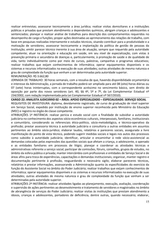 15
realizar entrevistas; assessorar tecnicamente a área jurídica; realizar visitas domiciliares e a instituições
públicas e privadas que prestam atendimento a dependentes químicos, abrigam crianças e adolescentes e
sentenciados; planejar e realizar análise de trabalhos para descrição dos comportamentos requeridos no
desempenho de cargo e funções; propor ações destinadas ao aprimoramento das relações de trabalho, com
base em pesquisas realizadas internamente e estudos técnicos, visando contribuir para a produtividade e a
motivação de servidores; assessorar tecnicamente a implantação da política de gestão de pessoas da
Instituição; emitir parecer técnico inerente à sua área de atuação, sempre que requerido pela autoridade
competente; atuar na orientação e educação em saúde, em seu nível de especialização, com vistas à
prevenção primária e secundária de doenças e, particularmente, à promoção de saúde e de qualidade de
vida, tanto individualmente como por meio de cursos, palestras, campanhas e programas educativos;
realizar trabalhos que exijam conhecimentos de informática; operar equipamentos disponíveis e os
sistemas e recursos informatizados na execução de suas atividades; outras atividades de mesma natureza e
grau de complexidade da função que venham a ser determinadas pela autoridade superior.
REMUNERAÇÃO: R$ 3.662,80
JORNADA DE TRABALHO: 30 horas semanais, com a ressalva de que, havendo disponibilidade orçamentária
e interesse da Administração, a jornada de trabalho poderá ser ampliada para até 08 (oito) horas diárias ou
07 (sete) horas ininterruptas, com o correspondente acréscimo no vencimento básico, sem direito de
oposição por parte dos novos servidores (art. 40, §§ 4º, 5º e 7º, da Lei Complementar Estadual nº
234/2002, com redação implementada pela Lei Complementar Estadual nº 567/2010).
CARGO 22: ANALISTA JUDICIÁRIO 02 – ÁREA: APOIO ESPECIALIZADO – ESPECIALIDADE: SERVIÇO SOCIAL
REQUISITOS DE INVESTIDURA: diploma, devidamente registrado, de curso de graduação de nível superior
em Serviço Social, expedido por instituição de ensino superior reconhecida pelo Ministério da Educação
(MEC) e registro no órgão de classe competente.
ATRIBUIÇÕES 1ª INSTÂNCIA: realizar perícia e estudo social com a finalidade de subsidiar a autoridade
judiciária no conhecimento dos aspectos sócio-econômicos culturais, interpessoais, familiares, institucionais
e comunitário, considerando os referenciais ético-político, sócio-metodológico, e técnico-operativo da
profissão; prestar assessoria técnica à autoridade judiciária e consultoria a outras entidades em assuntos
pertinentes ao âmbito sócio-jurídico; elaborar laudos, relatórios e pareceres sociais, assegurada a livre
manifestação do ponto de vista técnico, podendo sugerir medidas sociais e legais nos autos dos processos
como subsídio à autoridade judiciária; identificar, articular e encaminhar à rede sócio-assistencial as
demandas colocadas pelas expressões das questões sociais que afetam a criança, o adolescente, o apenado
e as entidades familiares em processos de litígio; planejar e coordenar as atividades técnicas e
administrativas referente a serviço social; participar de comissões, fóruns, conselhos, grupos de estudos, no
âmbito da esfera pública e privada; manter intercâmbio com profissionais e entidades de Serviço Social e de
áreas afins para troca de experiências, capacitações e demandas institucionais; organizar, manter registro e
documentação pertinente à profissão, resguardando o necessário sigilo; elaborar pareceres técnicos,
relatórios e prestar informações, assessorando a Administração quanto às especificidades do exercício da
função do Assistente Social no âmbito do Poder Judiciário; realizar trabalhos que exijam conhecimentos de
informática; operar equipamentos disponíveis e os sistemas e recursos informatizados na execução de suas
atividades; outras atividades de mesma natureza e grau de complexidade da função que venham a ser
determinadas pela autoridade superior.
ATRIBUIÇÕES 2ª INSTÂNCIA: realizar atividades ligadas ao planejamento, execução, avaliação, coordenação
e supervisão de ações pertinentes ao desenvolvimento e tratamento de servidores e magistrados no âmbito
de abrangência de serviços do Poder Judiciário; realizar visitas às instituições que prestam atendimento a
idosos, crianças e adolescentes, portadores de deficiência, dentre outras, quando necessário; elaborar,
 