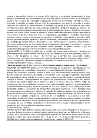 16
executar e acompanhar projetos e programas sócio-educativos e preventivos correlacionados à saúde
integral e qualidade de vida no ambiente social e funcional; realizar estudos de casos e a elaboração de
pareceres nos processos de reabilitação e readaptação profissional de membros e servidores; atuar na
orientação e educação em saúde, em seu nível de especialização, com vistas à prevenção primária e
secundária de doenças e, particularmente, à promoção de saúde e de qualidade de vida, tanto
individualmente como por meio de cursos, palestras, campanhas e programas educativos; participar em
equipes multidisciplinares objetivando a realização de ações voltadas para as áreas da infância, juventude e
da defesa da mulher contra a violência doméstica; manter intercâmbio com profissionais e entidades de
Serviço Social e de áreas afins para troca de experiências, capacitações e demandas institucionais;
organizar, manter registro e documentação pertinente à profissão, resguardando o necessário sigilo;
elaborar pareceres técnicos, relatórios e prestar informações, assessorando a Administração quanto às
especificidades do exercício da função do Assistente Social no âmbito do Poder Judiciário; realizar trabalhos
que exijam conhecimentos de informática; operar equipamentos disponíveis e os sistemas e recursos
informatizados na execução de suas atividades; outras atividades de mesma natureza e grau de
complexidade da função que venham a ser determinadas pela autoridade superior.
REMUNERAÇÃO: R$ 3.662,80, acrescida, para o servidor que exercer suas funções em 1ª Instância, de
gratificação por execução de trabalho com risco de vida, no percentual de 30% (trinta por cento), calculada
sobre o valor do padrão, da classe e do nível em que o servidor está enquadrado, recebida
cumulativamente com o vencimento básico, não incidindo sobre os valores de direitos e vantagens (arts. 34
e 35 da Lei Estadual nº 7.854/2004, com redação implementada pela Lei Estadual nº 9.497/2010).
JORNADA DE TRABALHO: 30 horas semanais.
CARGO 23: ANALISTA JUDICIÁRIO 02 – ÁREA: APOIO ESPECIALIZADO – ESPECIALIDADE: TAQUIGRAFIA
REQUISITOS DE INVESTIDURA: diploma, devidamente registrado, de qualquer curso de graduação de nível
superior, expedido por instituição de ensino superior reconhecida pelo Ministério da Educação (MEC).
ATRIBUIÇÕES: taquigrafar relatórios, debates e votos orais, bem como outros pronunciamentos feitos
durante sessões de julgamentos, solenidades e conferências; fazer a tradução do apanhamento; solicitar
dos magistrados e outros, quando for o caso, os votos e documentos lidos, para os respectivos encaixes;
catalogar e arquivar, cronologicamente, os originais dos apanhamentos taquigráficos e dos registros
fonográficos das sessões; digitar matéria relacionada com a sua área de atuação; conferir e redigir em
linguagem correta, sem alterações do pensamento e do estilo do julgador; registrar as ocorrências durante
o acompanhamento taquígrafo; organizar e guardar as fitas e as cópias das notas taquigráficas; dirimir
dúvidas sobre os títulos e a seqüência dos acompanhamentos realizados; efetuar a revisão da redação final
dos acompanhamentos realizados; submeter a tradução das notas aos autores dos pronunciamentos
apanhados; dirimir dúvidas mediante pesquisa ao processo ou fontes bibliográficas; encaminhar os autos
do processo às unidades competentes, acompanhados dos relatórios e votos escritos e das notas
taquigráficas; providenciar cópias ou notas taquigráficas, quando solicitado; realizar trabalhos que exijam
conhecimentos de informática; operar equipamentos disponíveis e os sistemas e recursos informatizados
na execução de suas atividades; outras atividades de mesma natureza e grau de complexidade da função
que venham a ser determinadas pela autoridade superior.
REMUNERAÇÃO: R$ 3.662,80
JORNADA DE TRABALHO: 30 horas semanais, com a ressalva de que, havendo disponibilidade orçamentária
e interesse da Administração, a jornada de trabalho poderá ser ampliada para até 08 (oito) horas diárias ou
07 (sete) horas ininterruptas, com o correspondente acréscimo no vencimento básico, sem direito de
oposição por parte dos novos servidores (art. 40, §§ 4º, 5º e 7º, da Lei Complementar Estadual nº
234/2002, com redação implementada pela Lei Complementar Estadual nº 567/2010).
 