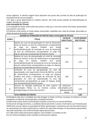 32
provas objetivas. A referida imagem ficará disponível até quinze dias corridos da data de publicação do
resultado final do concurso público.
7.9.1 Após o prazo determinado no subitem anterior, não serão aceitos pedidos de disponibilização da
imagem da folha de respostas.
8 DA AVALIAÇÃO DE TÍTULOS
8.1 A avaliação de títulos valerá 6,00 (seis) pontos, ainda que a soma dos valores dos títulos apresentados
seja superior a esse valor.
8.2 Somente serão aceitos os títulos abaixo relacionados, expedidos até a data da entrega, observados os
limites de pontos do quadro a seguir.
QUADRO DE ATRIBUIÇÃO DE PONTOS PARA A AVALIAÇÃO DE TÍTULOS
ALÍNEA TÍTULO
VALOR DE
CADA TÍTULO
VALOR MÁXIMO
DOS TÍTULOS
A
Diploma de curso de pós-graduação em nível de doutorado
(título de doutor) na área de conhecimento correspondente
ao cargo em disputa. Também será aceito
certificado/declaração de conclusão de curso de doutorado
na área de conhecimento correspondente ao cargo em
disputa, desde que acompanhado de histórico escolar.
2,00 2,00
B
Diploma de curso de pós-graduação em nível de mestrado
(título de mestre) na área de conhecimento correspondente
ao cargo em disputa. Também será aceito
certificado/declaração de conclusão de curso de mestrado na
área de conhecimento correspondente ao cargo em disputa,
desde que acompanhado de histórico escolar.
1,50 1,50
C
Certificado de curso de pós-graduação em nível de
especialização, com carga horária mínima de 360 h/a na área
de conhecimento correspondente ao cargo em disputa.
Também será aceita a declaração de conclusão de pós-
graduação em nível de especialização na área de
conhecimento correspondente ao cargo em disputa, desde
que acompanhada de histórico escolar.
1,00 1,00
D
Exercício de atividade profissional de nível superior na
Administração Pública ou na iniciativa privada, em
empregos/cargos na área a que concorre.
0,50 p/ano
completo, sem
sobreposição de
tempo
1,50
TOTAL MÁXIMO DE PONTOS 6,00
8.3 Receberá nota zero o candidato que não entregar os títulos na forma, no prazo, no horário e no local
estipulados no edital de convocação para a avaliação de títulos.
8.4 Não serão aceitos títulos encaminhados via postal, via fax e/ou via correio eletrônico.
8.5 No ato de entrega dos títulos, o candidato deverá preencher e assinar o formulário a ser fornecido pelo
CESPE/UnB, no qual indicará a quantidade de folhas apresentadas. Juntamente com esse formulário deverá
ser apresentada uma cópia autenticada em cartório, de cada título entregue. Os documentos apresentados
não serão devolvidos, nem serão fornecidas cópias desses títulos.
8.5.1 Não serão aceitos documentos ilegíveis, como também, os emitidos via fax.
8.6. Em nenhuma hipótese serão recebidos os documentos originais.
 