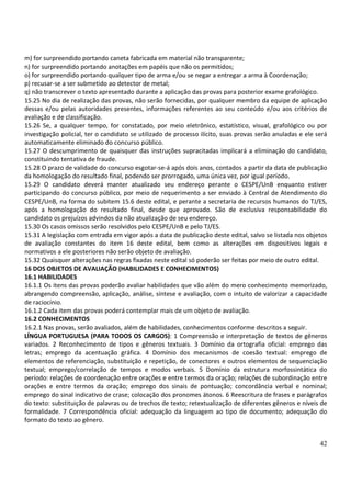 42
m) for surpreendido portando caneta fabricada em material não transparente;
n) for surpreendido portando anotações em papéis que não os permitidos;
o) for surpreendido portando qualquer tipo de arma e/ou se negar a entregar a arma à Coordenação;
p) recusar-se a ser submetido ao detector de metal;
q) não transcrever o texto apresentado durante a aplicação das provas para posterior exame grafológico.
15.25 No dia de realização das provas, não serão fornecidas, por qualquer membro da equipe de aplicação
dessas e/ou pelas autoridades presentes, informações referentes ao seu conteúdo e/ou aos critérios de
avaliação e de classificação.
15.26 Se, a qualquer tempo, for constatado, por meio eletrônico, estatístico, visual, grafológico ou por
investigação policial, ter o candidato se utilizado de processo ilícito, suas provas serão anuladas e ele será
automaticamente eliminado do concurso público.
15.27 O descumprimento de quaisquer das instruções supracitadas implicará a eliminação do candidato,
constituindo tentativa de fraude.
15.28 O prazo de validade do concurso esgotar-se-á após dois anos, contados a partir da data de publicação
da homologação do resultado final, podendo ser prorrogado, uma única vez, por igual período.
15.29 O candidato deverá manter atualizado seu endereço perante o CESPE/UnB enquanto estiver
participando do concurso público, por meio de requerimento a ser enviado à Central de Atendimento do
CESPE/UnB, na forma do subitem 15.6 deste edital, e perante a secretaria de recursos humanos do TJ/ES,
após a homologação do resultado final, desde que aprovado. São de exclusiva responsabilidade do
candidato os prejuízos advindos da não atualização de seu endereço.
15.30 Os casos omissos serão resolvidos pelo CESPE/UnB e pelo TJ/ES.
15.31 A legislação com entrada em vigor após a data de publicação deste edital, salvo se listada nos objetos
de avaliação constantes do item 16 deste edital, bem como as alterações em dispositivos legais e
normativos a ele posteriores não serão objeto de avaliação.
15.32 Quaisquer alterações nas regras fixadas neste edital só poderão ser feitas por meio de outro edital.
16 DOS OBJETOS DE AVALIAÇÃO (HABILIDADES E CONHECIMENTOS)
16.1 HABILIDADES
16.1.1 Os itens das provas poderão avaliar habilidades que vão além do mero conhecimento memorizado,
abrangendo compreensão, aplicação, análise, síntese e avaliação, com o intuito de valorizar a capacidade
de raciocínio.
16.1.2 Cada item das provas poderá contemplar mais de um objeto de avaliação.
16.2 CONHECIMENTOS
16.2.1 Nas provas, serão avaliados, além de habilidades, conhecimentos conforme descritos a seguir.
LÍNGUA PORTUGUESA (PARA TODOS OS CARGOS): 1 Compreensão e interpretação de textos de gêneros
variados. 2 Reconhecimento de tipos e gêneros textuais. 3 Domínio da ortografia oficial: emprego das
letras; emprego da acentuação gráfica. 4 Domínio dos mecanismos de coesão textual: emprego de
elementos de referenciação, substituição e repetição, de conectores e outros elementos de sequenciação
textual; emprego/correlação de tempos e modos verbais. 5 Domínio da estrutura morfossintática do
período: relações de coordenação entre orações e entre termos da oração; relações de subordinação entre
orações e entre termos da oração; emprego dos sinais de pontuação; concordância verbal e nominal;
emprego do sinal indicativo de crase; colocação dos pronomes átonos. 6 Reescritura de frases e parágrafos
do texto: substituição de palavras ou de trechos de texto; retextualização de diferentes gêneros e níveis de
formalidade. 7 Correspondência oficial: adequação da linguagem ao tipo de documento; adequação do
formato do texto ao gênero.
 