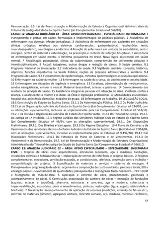 55
Remuneração. 6.5. Lei de Reestruturação e Modernização da Estrutura Organizacional Administrativa do
Tribunal de Justiça do Estado do Espírito Santo (Lei Complementar Estadual nº 566/10).
CARGO 12: ANALISTA JUDICIÁRIO 02 – ÁREA: APOIO ESPECIALIZADO – ESPECIALIDADE: ENFERMAGEM: 1
Planejamento e gestão em saúde, formulação e implementação de políticas públicas. 2 Assistência de
enfermagem nas doenças infecto-contagiosas. 3 Assistência de enfermagem aos pacientes em situações
clínicas cirúrgicas relativas aos sistemas cardiovascular, gastrointestinal, respiratório, renal,
musculoesquelético, neurológico e endócrino. 4 Atuação do enfermeiro em unidade de ambulatório, centro
cirúrgico, centro de material e esterilização, na prevenção e controle de infecção hospitalar. 5 Assistência
de enfermagem em saúde mental. 6 Reforma psiquiátrica no Brasil. Nova lógica assistencial em saúde
mental. 7 Reabilitação psicossocial, clínica da subjetividade, compreensão do sofrimento psíquico e
interdisciplinaridade. 8 Álcool, tabagismo, outras drogas e redução de danos. 9 Saúde coletiva. 9.1
Programa Nacional de Imunização. 9.2 Indicadores de saúde. 9.3 Vigilância sanitária: conceito, histórico,
objetivos, funções importantes na Saúde Pública; noções de processo administrativo e sanitário. 9.4
Programas de saúde. 9.5 Fundamentos de epidemiologia, métodos epidemiológicos e pesquisa operacional.
10 Enfermagem na saúde da mulher. 11 Enfermagem na saúde da criança, do adolescente e terceira idade.
12 Enfermagem em situações de urgência e emergência. 13 Curativos, administração de medicamentos,
sondas nasogástricas, enteral e vesical. Material descartável, órteses e próteses. 14 Gerenciamento dos
resíduos de serviços de saúde. 15 Assistência integral às pessoas em situação de risco. Violência contra a
criança, o adolescente, a mulher e o idoso. 16 Ética e legislação profissional. 17 Modalidades assistenciais:
hospital-dia, assistência domiciliar, trabalho de grupo. 18 Enfermagem do Trabalho. 19 LEGISLAÇÃO LOCAL.
19.1 Constituição do Estado do Espírito Santo. 19.1.1 Da Administração Pública. 19.1.2 Do Poder Judiciário.
19.2 Lei de Organização Judiciária do Estado do Espírito Santo (Lei Complementar Estadual nº 234/02, com
as alterações supervenientes, inclusive as implementadas pela Lei Complementar Estadual nº 567/10).
19.2.1 Da Divisão e Organização Judiciária do Estado do Espírito Santo. 19.2.2 Do Tribunal de Justiça. 19.2.3.
Da Justiça de 1ª Instância. 19.3 Regime Jurídico dos Servidores Públicos Civis do Estado do Espírito Santo
(Lei Complementar Estadual nº 46/94, com as alterações supervenientes). 19.3.1 Das Disposições
Preliminares. 19.3.2. Dos Direitos e Vantagens. 19.3.3 Do Regime Disciplinar. 19.4 Plano de Carreiras e de
Vencimentos dos servidores efetivos do Poder Judiciário do Estado do Espírito Santo (Lei Estadual 7.854/04,
com as alterações supervenientes, inclusive as implementadas pela Lei Estadual nº 9.497/10). 19.4.1 Das
Disposições Preliminares. 19.4.2 Da Estrutura do Plano de Carreiras e de Vencimentos. 19.4.3 Do
Vencimento e da Remuneração. 19.5. Lei de Reestruturação e Modernização da Estrutura Organizacional
Administrativa do Tribunal de Justiça do Estado do Espírito Santo (Lei Complementar Estadual nº 566/10).
CARGO 13: ANALISTA JUDICIÁRIO 02 – ÁREA: APOIO ESPECIALIZADO – ESPECIALIDADE: ENGENHARIA
CIVIL: 1 Projetos de obras civis: arquitetônicos, estruturais (concreto, aço e madeira), fundações,
instalações elétricas e hidrossanitárias – elaboração de termos de referência e projetos básicos. 2 Projetos
complementares: elevadores, ventilação-exaustão, ar condicionado, telefonia, prevenção contra incêndio –
compatibilização de projetos. 3 Especificação de materiais e serviços – caderno de encargos. 4
Planejamento e programação de obras: orçamento e composição de custos unitários, parciais e totais, BDI e
encargos sociais – levantamento de quantidades; planejamento e cronograma físico-financeiro – PERT-COM
e histograma de mão-de-obra. 5 Operação e controle de obra, procedimentos gerenciais e
acompanhamento de obras. 6 Construção: organização do canteiro de obras – execução de fundações
(sapatas, estacas e tubulões); alvenaria, estruturas e concreto, aço e madeira, coberturas e
impermeabilização, esquadrias, pisos e revestimentos, pinturas, instalações (água, esgoto, eletricidade e
telefonia). 7 Fiscalização: acompanhamento da aplicação de recursos (medições, emissão de fatura etc.),
controle de materiais (cimento, agregados aditivos, concreto usinado, aço, madeira, materiais cerâmicos,
 