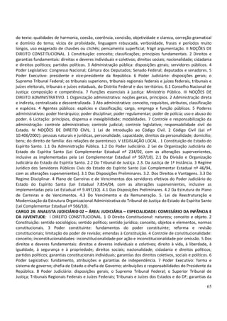 65
do texto: qualidades de harmonia, coesão, coerência, concisão, objetividade e clareza, correção gramatical
e domínio do tema; vícios de prolixidade, linguagem rebuscada, verbosidade, frases e períodos muito
longos, uso exagerado de chavões ou clichês; pensamento superficial; frágil argumentação. II NOÇÕES DE
DIREITO CONSTITUCIONAL. 1 Constituição: conceito; classificações; princípios fundamentais. 2 Direitos e
garantias fundamentais: direitos e deveres individuais e coletivos; direitos sociais; nacionalidade; cidadania
e direitos políticos; partidos políticos. 3 Administração pública: disposições gerais; servidores públicos. 4
Poder Legislativo: Congresso Nacional; Câmara dos Deputados; Senado Federal; deputados e senadores. 5
Poder Executivo: presidente e vice-presidente da República. 6 Poder Judiciário: disposições gerais; o
Supremo Tribunal Federal; os tribunais superiores, tribunais regionais federais e juízes federais, tribunais e
juízes eleitorais, tribunais e juízes estaduais, do Distrito Federal e dos territórios. 6.1 Conselho Nacional de
Justiça: composição e competência. 7 Funções essenciais à justiça: Ministério Público. III NOÇÕES DE
DIREITO ADMINISTRATIVO. 1 Organização administrativa: noções gerais, princípios. 2 Administração direta
e indireta, centralizada e descentralizada. 3 Ato administrativo: conceito, requisitos, atributos, classificação
e espécies. 4 Agentes públicos: espécies e classificação; cargo, emprego e função públicos. 5 Poderes
administrativos: poder hierárquico; poder disciplinar; poder regulamentar; poder de polícia; uso e abuso do
poder. 6 Licitação: princípios, dispensa e inexigibilidade; modalidades. 7 Controle e responsabilização da
administração: controle administrativo; controle judicial; controle legislativo; responsabilidade civil do
Estado. IV NOÇÕES DE DIREITO CIVIL. 1 Lei de Introdução ao Código Civil. 2 Código Civil (Lei nº
10.406/2002): pessoas naturais e jurídicas, personalidade, capacidade, direitos da personalidade; domicílio;
bens; do direito de família: das relações de parentesco. V LEGISLAÇÃO LOCAL . 1 Constituição do Estado do
Espírito Santo. 1.1 Da Administração Pública. 1.2 Do Poder Judiciário. 2 Lei de Organização Judiciária do
Estado do Espírito Santo (Lei Complementar Estadual nº 234/02, com as alterações supervenientes,
inclusive as implementadas pela Lei Complementar Estadual nº 567/10). 2.1 Da Divisão e Organização
Judiciária do Estado do Espírito Santo. 2.2 Do Tribunal de Justiça. 2.3. Da Justiça de 1ª Instância. 3 Regime
Jurídico dos Servidores Públicos Civis do Estado do Espírito Santo (Lei Complementar Estadual nº 46/94,
com as alterações supervenientes). 3.1 Das Disposições Preliminares. 3.2. Dos Direitos e Vantagens. 3.3 Do
Regime Disciplinar. 4 Plano de Carreiras e de Vencimentos dos servidores efetivos do Poder Judiciário do
Estado do Espírito Santo (Lei Estadual 7.854/04, com as alterações supervenientes, inclusive as
implementadas pela Lei Estadual nº 9.497/10). 4.1 Das Disposições Preliminares. 4.2 Da Estrutura do Plano
de Carreiras e de Vencimentos. 4.3 Do Vencimento e da Remuneração. 5. Lei de Reestruturação e
Modernização da Estrutura Organizacional Administrativa do Tribunal de Justiça do Estado do Espírito Santo
(Lei Complementar Estadual nº 566/10).
CARGO 24: ANALISTA JUDICIÁRIO 02 – ÁREA: JUDICIÁRIA – ESPECIALIDADE: COMISSÁRIO DA INFÂNCIA E
DA JUVENTUDE: I DIREITO CONSTITUCIONAL. 1 O Direito Constitucional: natureza; conceito e objeto. 2
Constituição: sentido sociológico; sentido político; sentido jurídico; conceito, objetos e elementos, normas
constitucionais. 3 Poder constituinte: fundamentos do poder constituinte; reforma e revisão
constitucionais; limitação do poder de revisão; emendas à Constituição. 4 Controle de constitucionalidade:
conceito; inconstitucionalidades: inconstitucionalidade por ação e inconstitucionalidade por omissão. 5 Dos
direitos e deveres fundamentais: direitos e deveres individuais e coletivos; direito à vida, à liberdade, à
igualdade, à segurança e à propriedade; direitos sociais; nacionalidade; cidadania e direitos políticos;
partidos políticos; garantias constitucionais individuais; garantias dos direitos coletivos, sociais e políticos. 6
Poder Legislativo: fundamento, atribuições e garantias de independência. 7 Poder Executivo: forma e
sistema de governo; chefia de Estado e chefia de Governo; atribuições e responsabilidades do Presidente da
República. 8 Poder Judiciário: disposições gerais; o Supremo Tribunal Federal; o Superior Tribunal de
Justiça; Tribunais Regionais Federais e Juízes Federais; Tribunais e Juízes dos Estados e do DF; garantias da
 