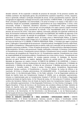 67
devedor solvente. 24 Da suspensão e extinção do processo de execução. 25 Do processo cautelar; das
medidas cautelares: das disposições gerais; dos procedimentos cautelares específicos: arresto, sequestro,
busca e apreensão, exibição e produção antecipada de provas. 26 Dos procedimentos especiais: ação de
consignação em pagamento; embargos de terceiro; ação monitória. V DIREITO PENAL. 1. Da aplicação da Lei
Penal: princípios da legalidade e da anterioridade; a lei penal no tempo e no espaço; o fato típico e seus
elementos; relação de causalidade; culpabilidade; superveniência de causa independente. 2 Crime: crime
consumado, tentado e impossível; desistência voluntária e arrependimento eficaz; arrependimento
posterior; crime doloso e culposo. 3 Erro de tipo: erro de proibição; erro sobre a pessoa; coação irresistível
e obediência hierárquica; causas excludentes da ilicitude. 4 Da imputabilidade penal: do concurso de
pessoas; do concurso de crimes. 5 Das penas: espécies; cominação; aplicação; da suspensão condicional da
pena; do livramento condicional; efeitos da condenação e da reabilitação; das medidas de segurança. 6 Da
ação penal pública e privada: da extinção da punibilidade. 7 Crimes contra a pessoa. 8 Crimes contra o
patrimônio. 9 Crimes contra a dignidade sexual. 10 Crimes contra a Administração Pública. 11 Sistema
Nacional de Políticas Públicas sobre Drogas (Lei nº 11.343/06). 12 Crimes hediondos (Lei nº 8.072/90). 13
Lei maria da Penha (Lei nº 11.340/06). VI DIREITO PROCESSUAL PENAL. 1 Princípios que regem o processo
penal. 2 Aplicação e interpretação da lei processual. 3 Inquérito policial, Investigação Criminal e Ação Penal.
4 Jurisdição e Competência. 5 Reparação do dano ex delicto. Ação civil e execução civil da sentença penal. 6
Questões e processos incidentes. 7 Prova. 8 Sujeitos do processo. 9 Prisão provisória e liberdade provisória.
Prisão temporária. 10 Fatos e atos processuais. Citação, notificação e intimação. 11 Sentença. Coisa Julgada.
12 Procedimentos comuns. Procedimento comum ordinário. Procedimento comum sumário. Procedimento
nos processos de competência do Tribunal do Júri. 13. Procedimentos especiais. Procedimento nos crimes
de responsabilidade de funcionários públicos. Procedimento nos crimes contra a honra. Procedimento nos
crimes contra a propriedade imaterial. 14. Juizados especiais criminais. 15. Nulidades. 16. Recursos.
Recursos em geral. Recursos em espécie. Apelação. Recurso em sentido estrito. 17. Habeas Corpus.
Mandado de segurança em matéria criminal. VII DIREITO DA INFÂNCIA E DA JUVENTUDE. 1 Criança e
Adolescente. Princípios e direitos fundamentais do Estatuto da Criança e do Adolescente. 2 Entidades de
atendimento. 3 Medidas de proteção. 4 Prática de ato infracional. 5 Medidas pertinentes aos pais ou
responsável. 6. Conselho tutelar. 7 Acesso à Justiça. Princípios gerais. Competência. Representação
processual. Serviços auxiliares. 8 Procedimentos e recursos. 9 Promotor de Justiça da Infância e da
Juventude. 10 Crimes e infrações administrativas. VIII LEGISLAÇÃO LOCAL . 1 Constituição do Estado do
Espírito Santo. 1.1 Da Administração Pública. 1.2 Do Poder Judiciário. 2 Lei de Organização Judiciária do
Estado do Espírito Santo (Lei Complementar Estadual nº 234/02, com as alterações supervenientes,
inclusive as implementadas pela Lei Complementar Estadual nº 567/10). 2.1 Da Divisão e Organização
Judiciária do Estado do Espírito Santo. 2.2 Do Tribunal de Justiça. 2.3. Da Justiça de 1ª Instância. 3 Regime
Jurídico dos Servidores Públicos Civis do Estado do Espírito Santo (Lei Complementar Estadual nº 46/94,
com as alterações supervenientes). 3.1 Das Disposições Preliminares. 3.2. Dos Direitos e Vantagens. 3.3 Do
Regime Disciplinar. 4 Plano de Carreiras e de Vencimentos dos servidores efetivos do Poder Judiciário do
Estado do Espírito Santo (Lei Estadual 7.854/04, com as alterações supervenientes, inclusive as
implementadas pela Lei Estadual nº 9.497/10). 4.1 Das Disposições Preliminares. 4.2 Da Estrutura do Plano
de Carreiras e de Vencimentos. 4.3 Do Vencimento e da Remuneração. 5. Lei de Reestruturação e
Modernização da Estrutura Organizacional Administrativa do Tribunal de Justiça do Estado do Espírito Santo
(Lei Complementar Estadual nº 566/10).
CARGO 25: ANALISTA JUDICIÁRIO 02 – ÁREA: JUDICIÁRIA – ESPECIALIDADE: DIREITO: I DIREITO
CONSTITUCIONAL. 1 O Direito Constitucional: natureza; conceito e objeto. 2 Constituição: sentido
sociológico; sentido político; sentido jurídico; conceito, objetos e elementos, normas constitucionais. 3
 