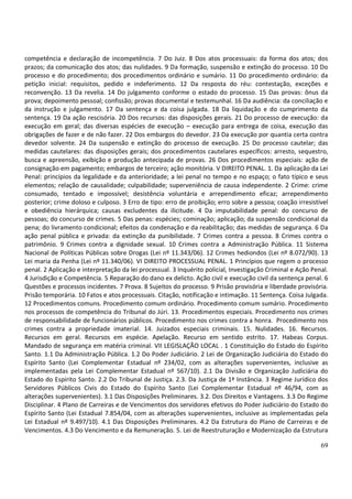 69
competência e declaração de incompetência. 7 Do Juiz. 8 Dos atos processuais: da forma dos atos; dos
prazos; da comunicação dos atos; das nulidades. 9 Da formação, suspensão e extinção do processo. 10 Do
processo e do procedimento; dos procedimentos ordinário e sumário. 11 Do procedimento ordinário: da
petição inicial: requisitos, pedido e indeferimento. 12 Da resposta do réu: contestação, exceções e
reconvenção. 13 Da revelia. 14 Do julgamento conforme o estado do processo. 15 Das provas: ônus da
prova; depoimento pessoal; confissão; provas documental e testemunhal. 16 Da audiência: da conciliação e
da instrução e julgamento. 17 Da sentença e da coisa julgada. 18 Da liquidação e do cumprimento da
sentença. 19 Da ação rescisória. 20 Dos recursos: das disposições gerais. 21 Do processo de execução: da
execução em geral; das diversas espécies de execução – execução para entrega de coisa, execução das
obrigações de fazer e de não fazer. 22 Dos embargos do devedor. 23 Da execução por quantia certa contra
devedor solvente. 24 Da suspensão e extinção do processo de execução. 25 Do processo cautelar; das
medidas cautelares: das disposições gerais; dos procedimentos cautelares específicos: arresto, sequestro,
busca e apreensão, exibição e produção antecipada de provas. 26 Dos procedimentos especiais: ação de
consignação em pagamento; embargos de terceiro; ação monitória. V DIREITO PENAL. 1. Da aplicação da Lei
Penal: princípios da legalidade e da anterioridade; a lei penal no tempo e no espaço; o fato típico e seus
elementos; relação de causalidade; culpabilidade; superveniência de causa independente. 2 Crime: crime
consumado, tentado e impossível; desistência voluntária e arrependimento eficaz; arrependimento
posterior; crime doloso e culposo. 3 Erro de tipo: erro de proibição; erro sobre a pessoa; coação irresistível
e obediência hierárquica; causas excludentes da ilicitude. 4 Da imputabilidade penal: do concurso de
pessoas; do concurso de crimes. 5 Das penas: espécies; cominação; aplicação; da suspensão condicional da
pena; do livramento condicional; efeitos da condenação e da reabilitação; das medidas de segurança. 6 Da
ação penal pública e privada: da extinção da punibilidade. 7 Crimes contra a pessoa. 8 Crimes contra o
patrimônio. 9 Crimes contra a dignidade sexual. 10 Crimes contra a Administração Pública. 11 Sistema
Nacional de Políticas Públicas sobre Drogas (Lei nº 11.343/06). 12 Crimes hediondos (Lei nº 8.072/90). 13
Lei maria da Penha (Lei nº 11.340/06). VI DIREITO PROCESSUAL PENAL. 1 Princípios que regem o processo
penal. 2 Aplicação e interpretação da lei processual. 3 Inquérito policial, Investigação Criminal e Ação Penal.
4 Jurisdição e Competência. 5 Reparação do dano ex delicto. Ação civil e execução civil da sentença penal. 6
Questões e processos incidentes. 7 Prova. 8 Sujeitos do processo. 9 Prisão provisória e liberdade provisória.
Prisão temporária. 10 Fatos e atos processuais. Citação, notificação e intimação. 11 Sentença. Coisa Julgada.
12 Procedimentos comuns. Procedimento comum ordinário. Procedimento comum sumário. Procedimento
nos processos de competência do Tribunal do Júri. 13. Procedimentos especiais. Procedimento nos crimes
de responsabilidade de funcionários públicos. Procedimento nos crimes contra a honra. Procedimento nos
crimes contra a propriedade imaterial. 14. Juizados especiais criminais. 15. Nulidades. 16. Recursos.
Recursos em geral. Recursos em espécie. Apelação. Recurso em sentido estrito. 17. Habeas Corpus.
Mandado de segurança em matéria criminal. VII LEGISLAÇÃO LOCAL . 1 Constituição do Estado do Espírito
Santo. 1.1 Da Administração Pública. 1.2 Do Poder Judiciário. 2 Lei de Organização Judiciária do Estado do
Espírito Santo (Lei Complementar Estadual nº 234/02, com as alterações supervenientes, inclusive as
implementadas pela Lei Complementar Estadual nº 567/10). 2.1 Da Divisão e Organização Judiciária do
Estado do Espírito Santo. 2.2 Do Tribunal de Justiça. 2.3. Da Justiça de 1ª Instância. 3 Regime Jurídico dos
Servidores Públicos Civis do Estado do Espírito Santo (Lei Complementar Estadual nº 46/94, com as
alterações supervenientes). 3.1 Das Disposições Preliminares. 3.2. Dos Direitos e Vantagens. 3.3 Do Regime
Disciplinar. 4 Plano de Carreiras e de Vencimentos dos servidores efetivos do Poder Judiciário do Estado do
Espírito Santo (Lei Estadual 7.854/04, com as alterações supervenientes, inclusive as implementadas pela
Lei Estadual nº 9.497/10). 4.1 Das Disposições Preliminares. 4.2 Da Estrutura do Plano de Carreiras e de
Vencimentos. 4.3 Do Vencimento e da Remuneração. 5. Lei de Reestruturação e Modernização da Estrutura
 