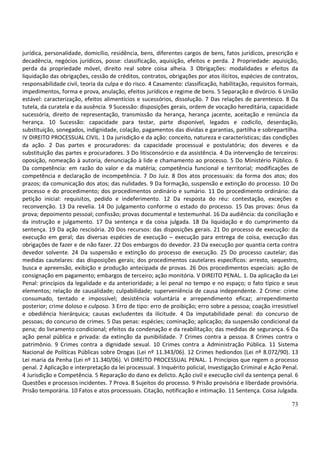 73
jurídica, personalidade, domicílio, residência, bens, diferentes cargos de bens, fatos jurídicos, prescrição e
decadência, negócios jurídicos, posse: classificação, aquisição, efeitos e perda. 2 Propriedade: aquisição,
perda da propriedade móvel, direito real sobre coisa alheia. 3 Obrigações: modalidades e efeitos da
liquidação das obrigações, cessão de créditos, contratos, obrigações por atos ilícitos, espécies de contratos,
responsabilidade civil, teoria da culpa e do risco. 4 Casamento: classificação, habilitação, requisitos formais,
impedimentos, forma e prova, anulação, efeitos jurídicos e regime de bens. 5 Separação e divórcio. 6 União
estável: caracterização, efeitos alimentícios e sucessórios, dissolução. 7 Das relações de parentesco. 8 Da
tutela, da curatela e da ausência. 9 Sucessão: disposições gerais, ordem de vocação hereditária, capacidade
sucessória, direito de representação, transmissão da herança, herança jacente, aceitação e renúncia da
herança. 10 Sucessão: capacidade para testar, parte disponível, legados e codicilo, deserdação,
substituição, sonegados, indignidade, colação, pagamentos das dívidas e garantias, partilha e sobrepartilha.
IV DIREITO PROCESSUAL CIVIL. 1 Da jurisdição e da ação: conceito, natureza e características; das condições
da ação. 2 Das partes e procuradores: da capacidade processual e postulatória; dos deveres e da
substituição das partes e procuradores. 3 Do litisconsórcio e da assistência. 4 Da intervenção de terceiros:
oposição, nomeação à autoria, denunciação à lide e chamamento ao processo. 5 Do Ministério Público. 6
Da competência: em razão do valor e da matéria; competência funcional e territorial; modificações de
competência e declaração de incompetência. 7 Do Juiz. 8 Dos atos processuais: da forma dos atos; dos
prazos; da comunicação dos atos; das nulidades. 9 Da formação, suspensão e extinção do processo. 10 Do
processo e do procedimento; dos procedimentos ordinário e sumário. 11 Do procedimento ordinário: da
petição inicial: requisitos, pedido e indeferimento. 12 Da resposta do réu: contestação, exceções e
reconvenção. 13 Da revelia. 14 Do julgamento conforme o estado do processo. 15 Das provas: ônus da
prova; depoimento pessoal; confissão; provas documental e testemunhal. 16 Da audiência: da conciliação e
da instrução e julgamento. 17 Da sentença e da coisa julgada. 18 Da liquidação e do cumprimento da
sentença. 19 Da ação rescisória. 20 Dos recursos: das disposições gerais. 21 Do processo de execução: da
execução em geral; das diversas espécies de execução – execução para entrega de coisa, execução das
obrigações de fazer e de não fazer. 22 Dos embargos do devedor. 23 Da execução por quantia certa contra
devedor solvente. 24 Da suspensão e extinção do processo de execução. 25 Do processo cautelar; das
medidas cautelares: das disposições gerais; dos procedimentos cautelares específicos: arresto, sequestro,
busca e apreensão, exibição e produção antecipada de provas. 26 Dos procedimentos especiais: ação de
consignação em pagamento; embargos de terceiro; ação monitória. V DIREITO PENAL. 1. Da aplicação da Lei
Penal: princípios da legalidade e da anterioridade; a lei penal no tempo e no espaço; o fato típico e seus
elementos; relação de causalidade; culpabilidade; superveniência de causa independente. 2 Crime: crime
consumado, tentado e impossível; desistência voluntária e arrependimento eficaz; arrependimento
posterior; crime doloso e culposo. 3 Erro de tipo: erro de proibição; erro sobre a pessoa; coação irresistível
e obediência hierárquica; causas excludentes da ilicitude. 4 Da imputabilidade penal: do concurso de
pessoas; do concurso de crimes. 5 Das penas: espécies; cominação; aplicação; da suspensão condicional da
pena; do livramento condicional; efeitos da condenação e da reabilitação; das medidas de segurança. 6 Da
ação penal pública e privada: da extinção da punibilidade. 7 Crimes contra a pessoa. 8 Crimes contra o
patrimônio. 9 Crimes contra a dignidade sexual. 10 Crimes contra a Administração Pública. 11 Sistema
Nacional de Políticas Públicas sobre Drogas (Lei nº 11.343/06). 12 Crimes hediondos (Lei nº 8.072/90). 13
Lei maria da Penha (Lei nº 11.340/06). VI DIREITO PROCESSUAL PENAL. 1 Princípios que regem o processo
penal. 2 Aplicação e interpretação da lei processual. 3 Inquérito policial, Investigação Criminal e Ação Penal.
4 Jurisdição e Competência. 5 Reparação do dano ex delicto. Ação civil e execução civil da sentença penal. 6
Questões e processos incidentes. 7 Prova. 8 Sujeitos do processo. 9 Prisão provisória e liberdade provisória.
Prisão temporária. 10 Fatos e atos processuais. Citação, notificação e intimação. 11 Sentença. Coisa Julgada.
 