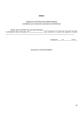 80
ANEXO I
MODELO DE ATESTADO PARA PERÍCIA MÉDICA
(candidatos que se declararam portadores de deficiência)
Atesto, para os devidos fins, que o(a) Senhor(a)___________________________________________
é portador(a) da(s) doença(s), CID ________________, que resulta(m) na perda das seguintes funções
____________________________________________________________________________________.
Cidade/UF, ____ de _________ de 20__.
Assinatura e carimbo do Médico
 
