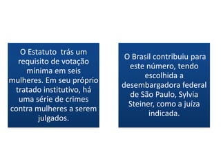 O Estatuto trás um
                            O Brasil contribuiu para
  requisito de votação
                             este número, tendo
    mínima em seis
                                  escolhida a
mulheres. Em seu próprio
                           desembargadora federal
 tratado institutivo, há
                             de São Paulo, Sylvia
  uma série de crimes
                             Steiner, como a juíza
contra mulheres a serem
                                   indicada.
        julgados.
 