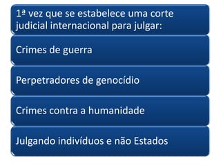 1ª vez que se estabelece uma corte
judicial internacional para julgar:

Crimes de guerra

Perpetradores de genocídio

Crimes contra a humanidade

Julgando indivíduos e não Estados
 