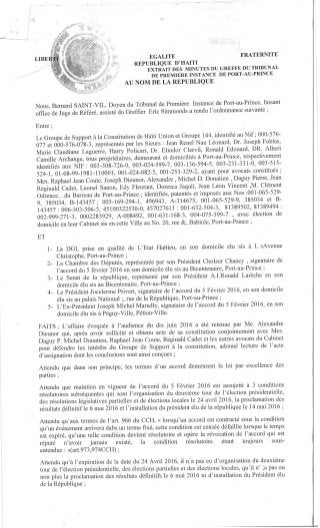 Le Tribunal de Premiere Instance d'Haiti Transfere le Dossier du President Illegal et Defacto a la Cour d'Appel pour Decision Immediate:  Actes Poses Par Privert Depuis le 14 Juin Sont Nuls