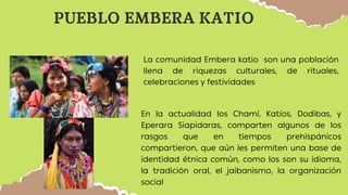 En la actualidad los Chamí, Katíos, Dodibas, y
Eperara Siapidaras, comparten algunos de los
rasgos que en tiempos prehispánicos
compartieron, que aún les permiten una base de
identidad étnica común, como los son su idioma,
la tradición oral, el jaibanismo, la organización
social
PUEBLO EMBERA KATIO
La comunidad Embera katio son una población
llena de riquezas culturales, de rituales,
celebraciones y festividades
 